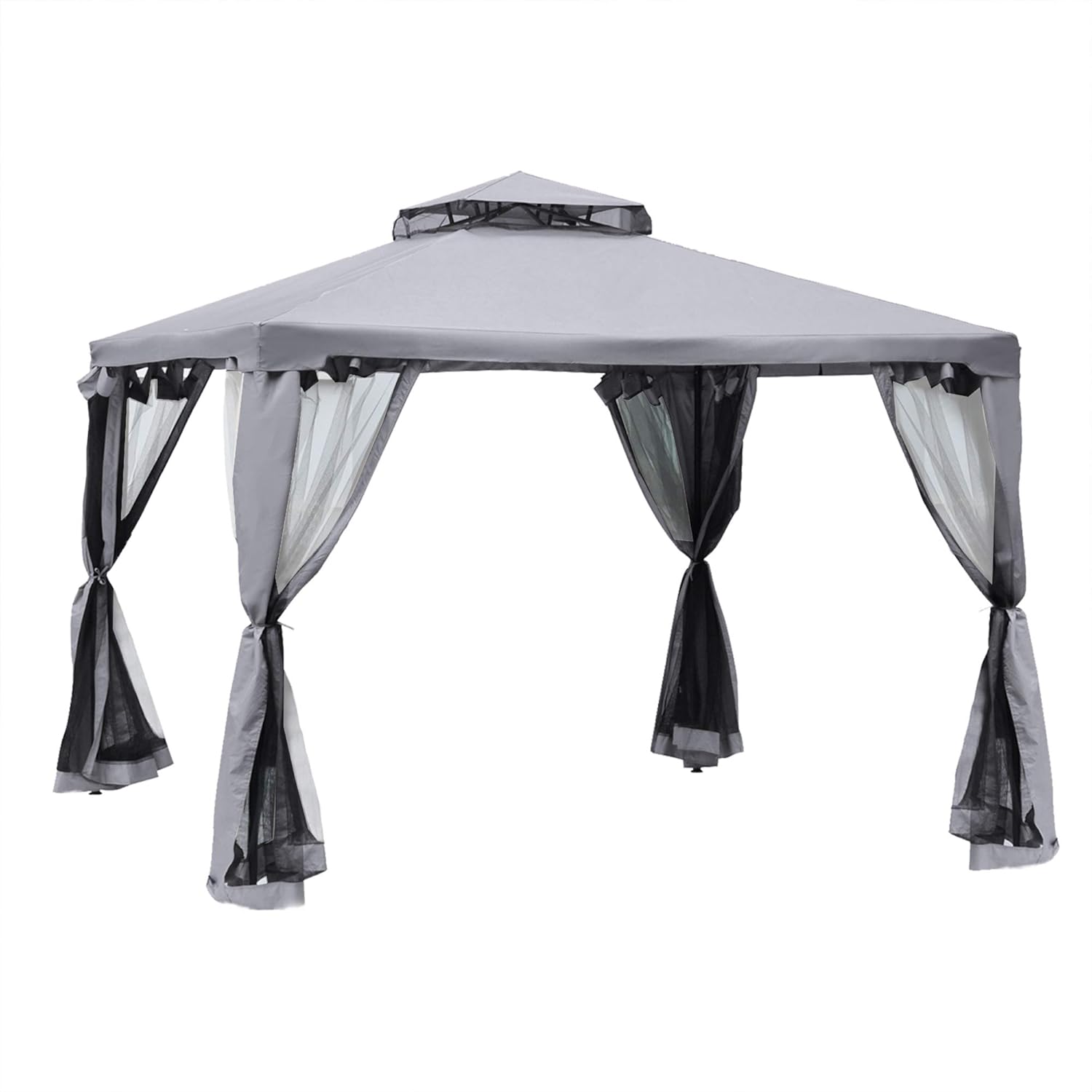 Outsunny Pavillon mit Doppeldach, ca. 3x3 m Stabil Winterfest Wasserdicht Garten-Pavillon mit Moskitonetz, Gartenpavillon mit Seitenteile, aus Metall, für Garten, Terrasse, Hellgrau