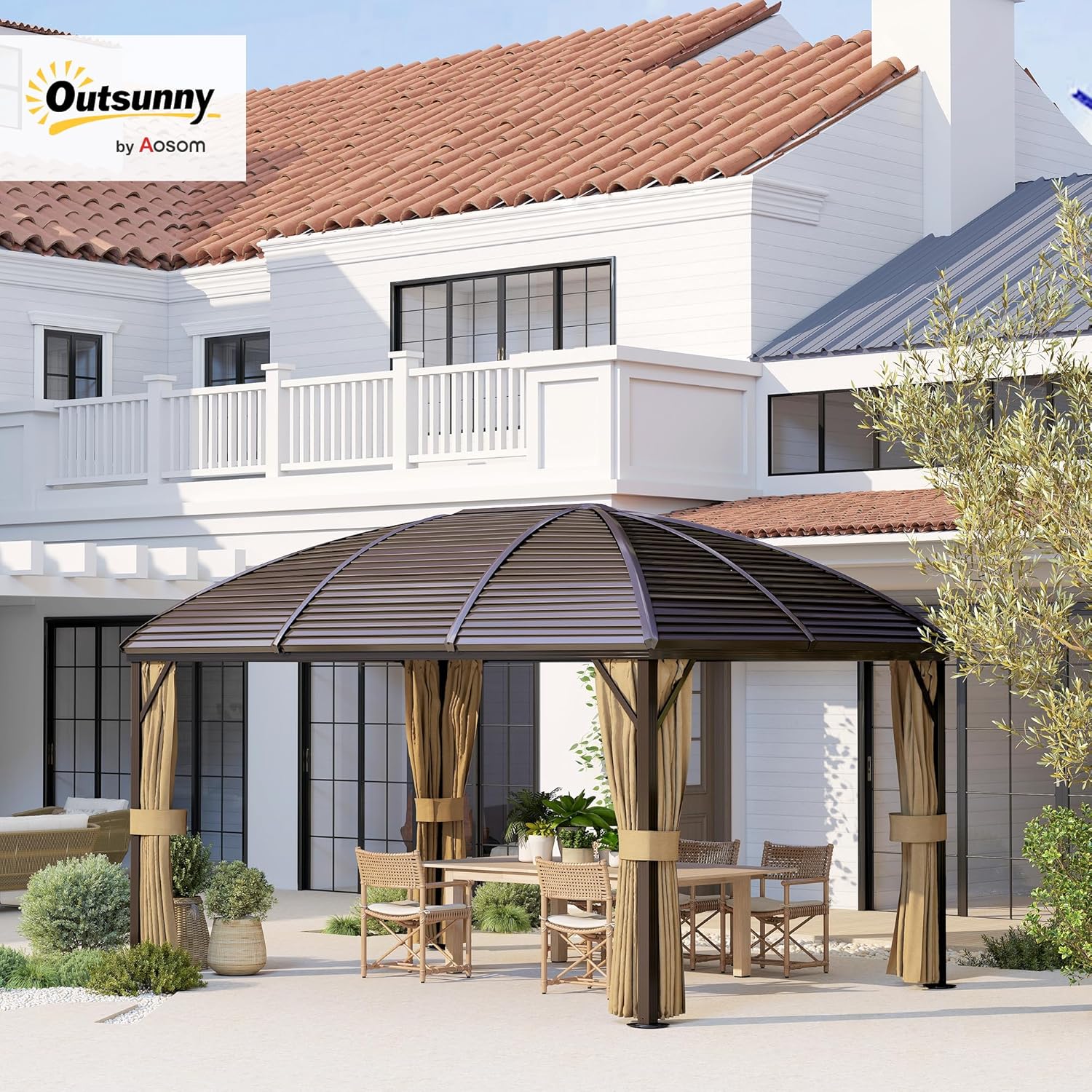Outsunny Pavillon mit Hardtop, 4x3 m Wasserdicht Stabil Winterfest Gartenpavillon mit Moskitonetz, Haken, Seitenteile, Bogendach, Garten-Pavillon aus Aluminium, für Garten, Terrasse, Braun — Ansicht 2