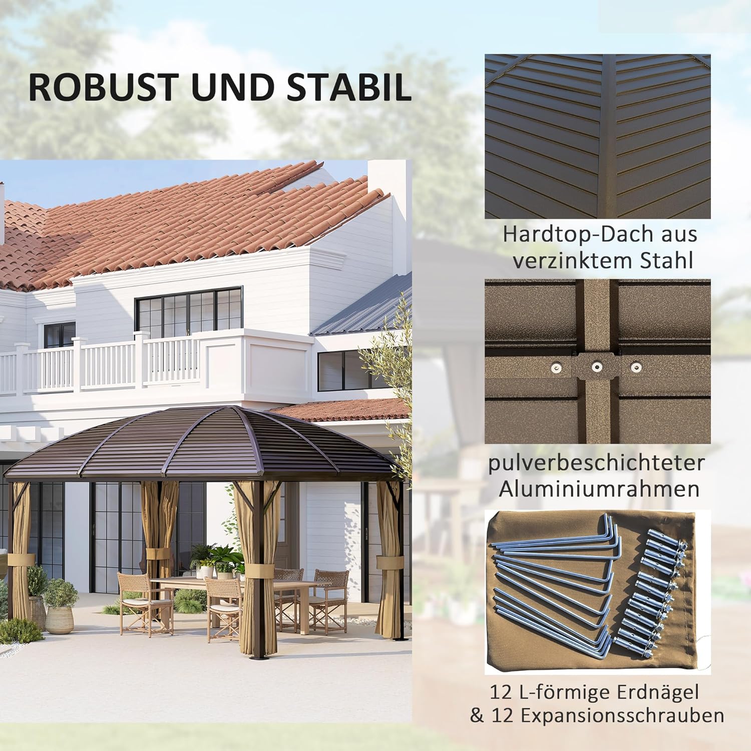 Outsunny Pavillon mit Hardtop, 4x3 m Wasserdicht Stabil Winterfest Gartenpavillon mit Moskitonetz, Haken, Seitenteile, Bogendach, Garten-Pavillon aus Aluminium, für Garten, Terrasse, Braun — Ansicht 4