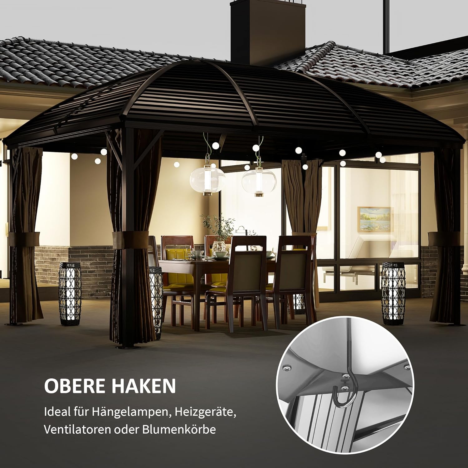Outsunny Pavillon mit Hardtop, 4x3 m Wasserdicht Stabil Winterfest Gartenpavillon mit Moskitonetz, Haken, Seitenteile, Bogendach, Garten-Pavillon aus Aluminium, für Garten, Terrasse, Braun — Ansicht 5