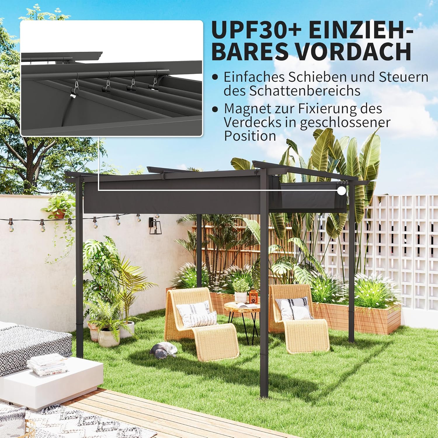 Outsunny Pergola 3x3m Garten Pavillon Terrassendachung aus Metall, Gartenpavillon mit Verstellbares Sonnendach, UV Schutz 30+ Freistehender Sonnenschutz für Terrasse und Garten, Dunkelgrau — Ansicht 3