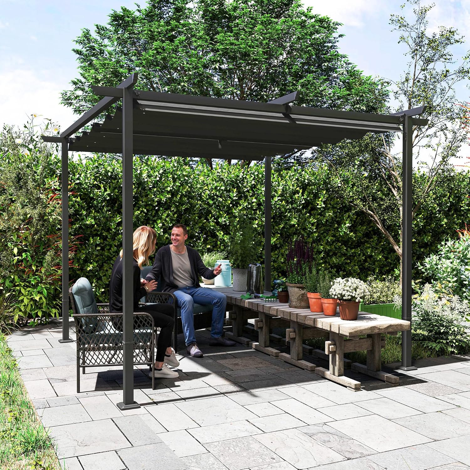 Outsunny Pergola 3x3m Garten Pavillon Terrassendachung aus Metall, Gartenpavillon mit Verstellbares Sonnendach, UV Schutz 30+ Freistehender Sonnenschutz für Terrasse und Garten, Dunkelgrau — Ansicht 6