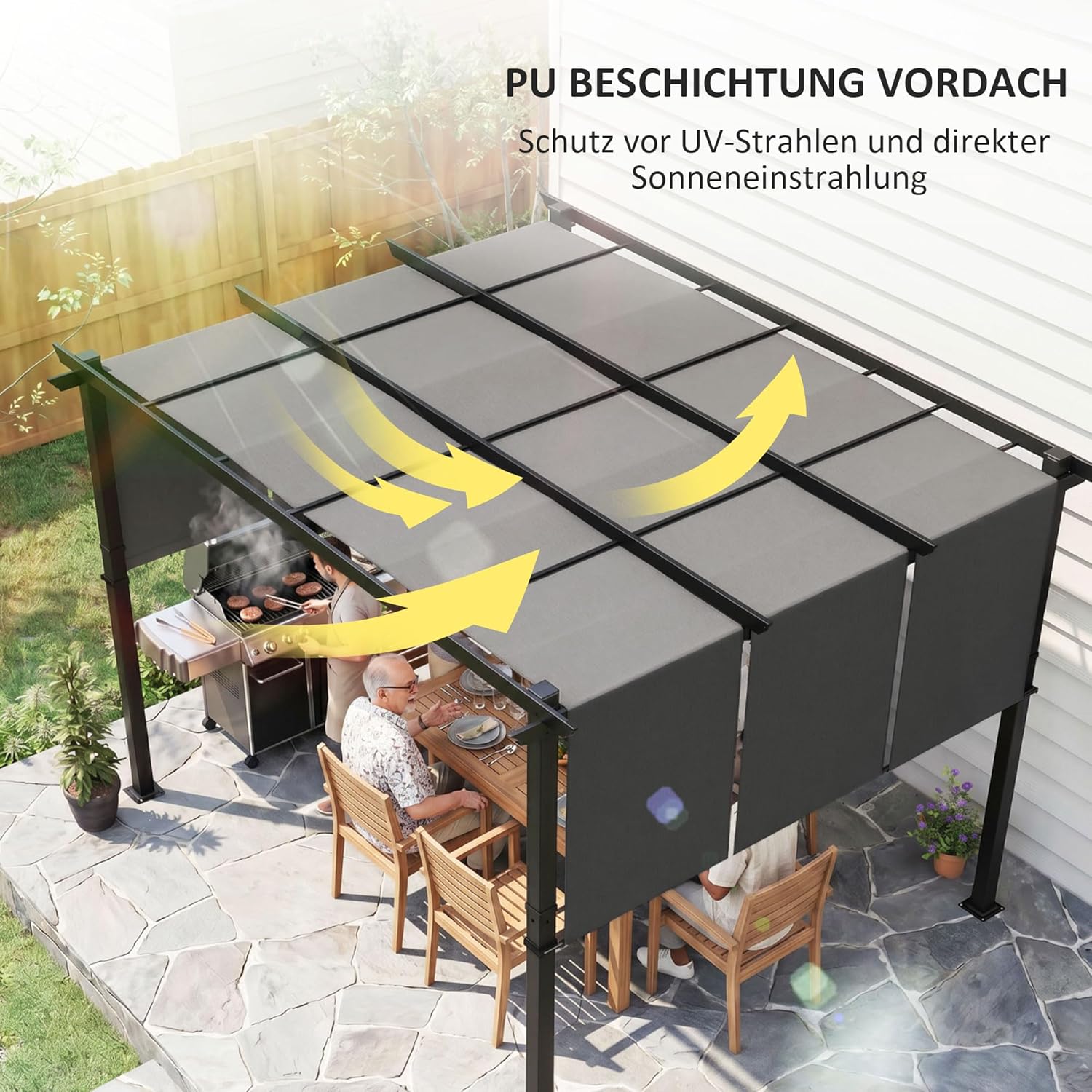 Outsunny Pergola ca. 3,5x3m Garten Pavillon mit verstellbar Dach, Terrassenüberdachung Metall Gartenpavillon Freistehend Sonnenschutz für Terrasse und Garten, Dunkelgrau — Ansicht 4