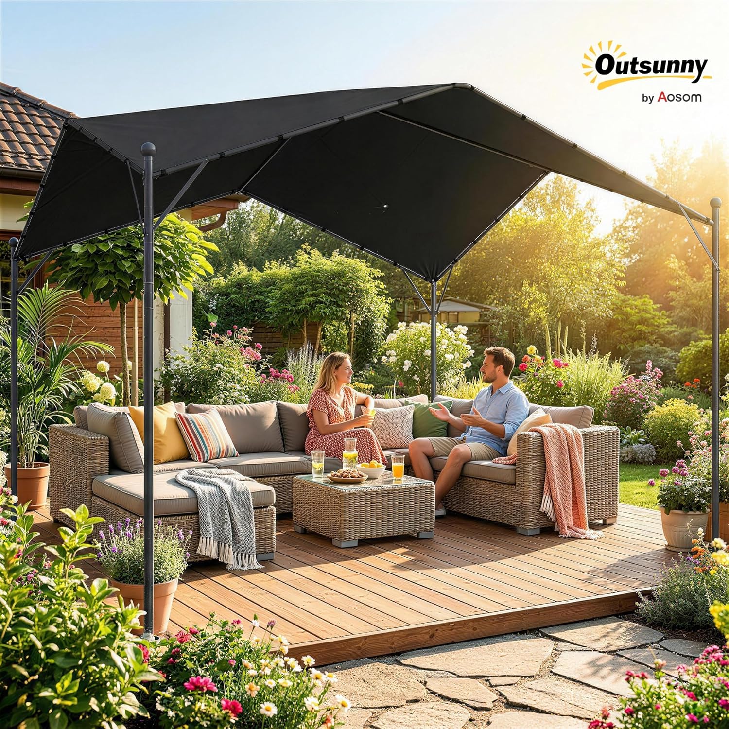 Outsunny Pergola Pavillon 3x3m Wasserabweisend Stabil Winterfest Sonnenschutz mit Satteldach Dreiecksverstrebungen freistehend Gartenpavillon Terrassenüberdachung für Garten Terrasse Dunkelgrau — Ansicht 2