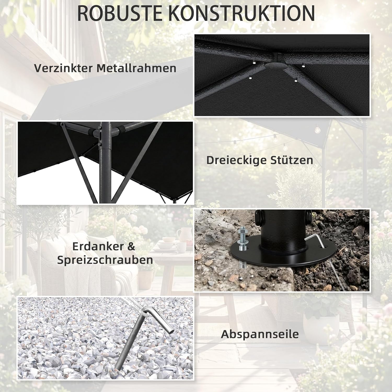 Outsunny Pergola Pavillon 3x3m Wasserabweisend Stabil Winterfest Sonnenschutz mit Satteldach Dreiecksverstrebungen freistehend Gartenpavillon Terrassenüberdachung für Garten Terrasse Dunkelgrau — Ansicht 4