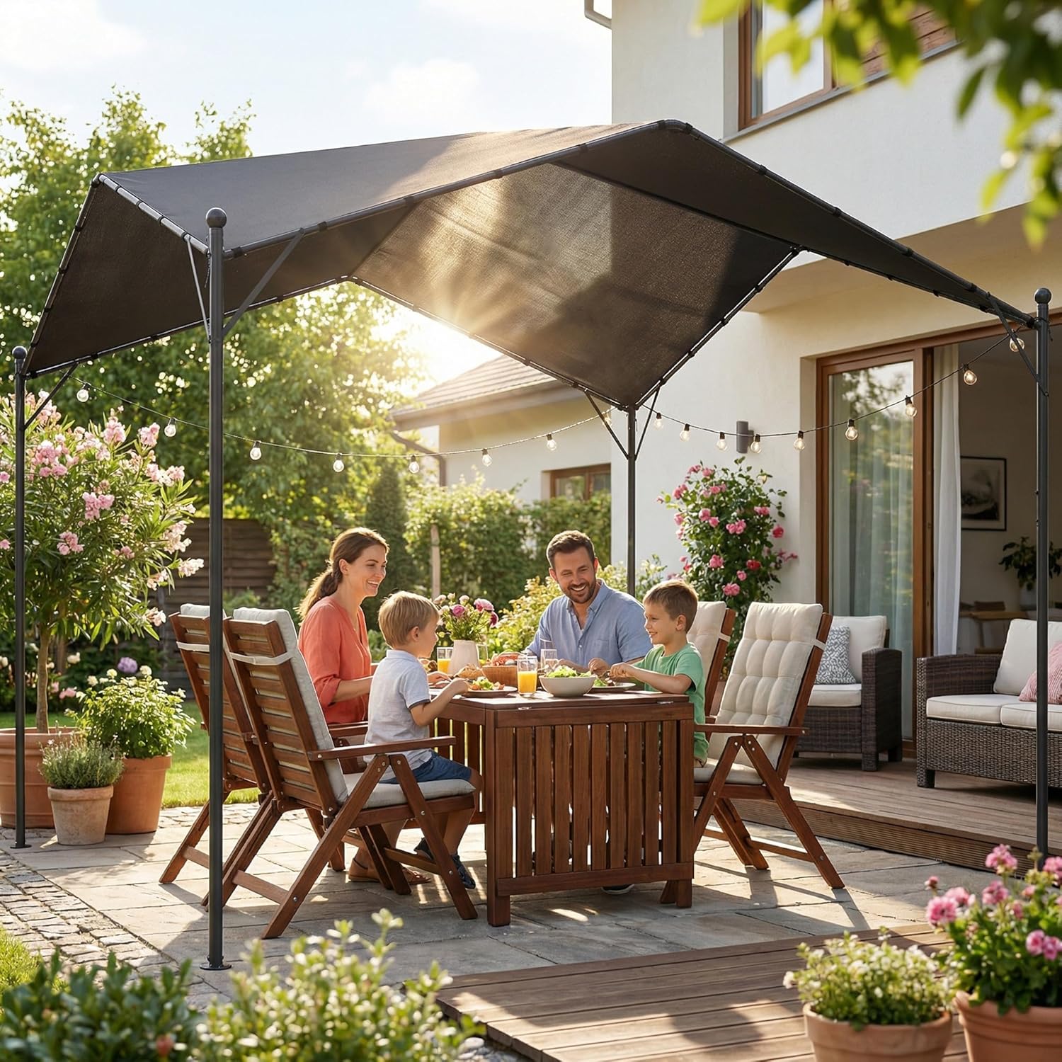 Outsunny Pergola Pavillon 3x3m Wasserabweisend Stabil Winterfest Sonnenschutz mit Satteldach Dreiecksverstrebungen freistehend Gartenpavillon Terrassenüberdachung für Garten Terrasse Dunkelgrau — Ansicht 6