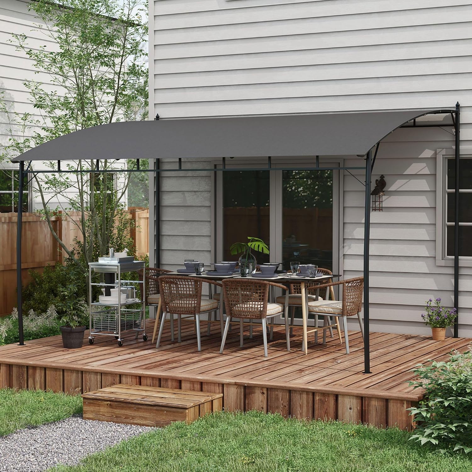 Outsunny Pergola Pavillon mit 12 Entwässerungslöchern, Pergola aus Metall mit Dach aus Polyester, 8 Erweiterungsschrauben und 8 Heringen, 400 x 296 x 200/262 cm, Dunkelgrau — Ansicht 2