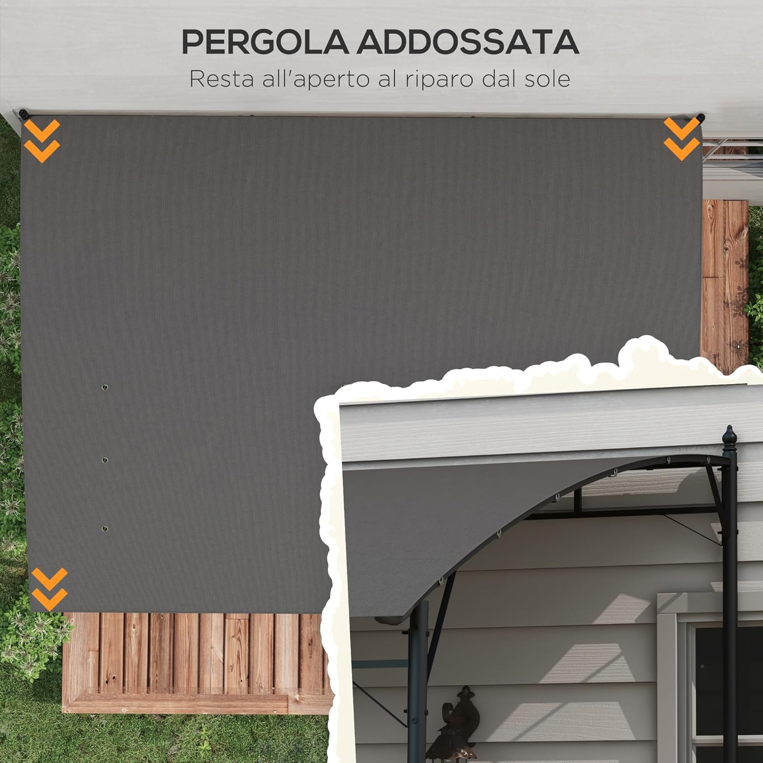 Outsunny Pergola Pavillon mit 12 Entwässerungslöchern, Pergola aus Metall mit Dach aus Polyester, 8 Erweiterungsschrauben und 8 Heringen, 400 x 296 x 200/262 cm, Dunkelgrau — Ansicht 5