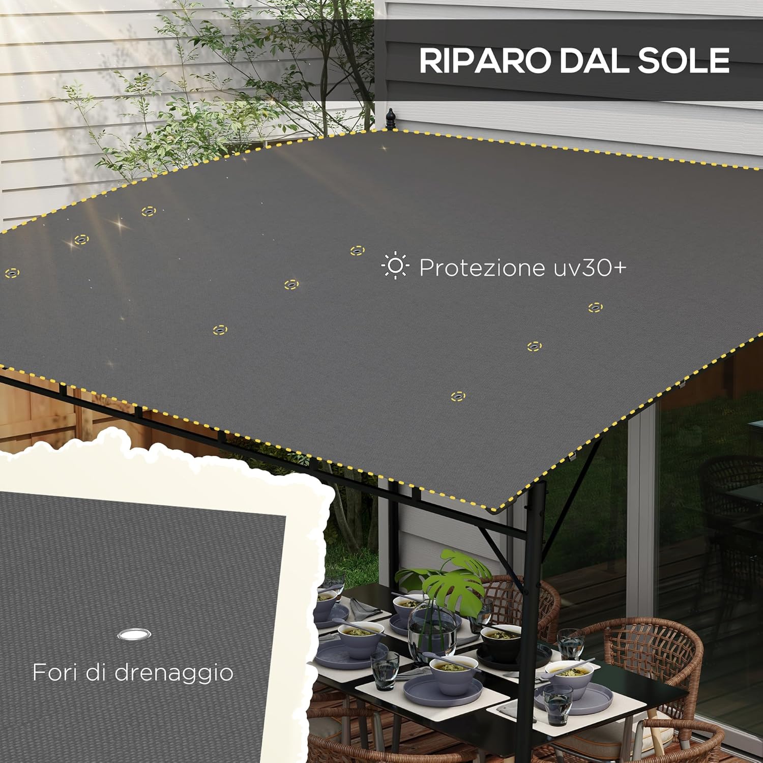 Outsunny Pergola Pavillon mit 12 Entwässerungslöchern, Pergola aus Metall mit Dach aus Polyester, 8 Erweiterungsschrauben und 8 Heringen, 400 x 296 x 200/262 cm, Dunkelgrau — Ansicht 6