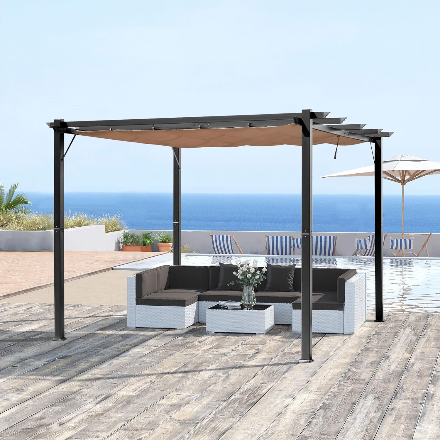 Outsunny Pergola Pavillon mit einstellbarem Stoffdach 3 x 4 m Terrassen-Vordach Aluminium Sonnenschutz Überdachung Terrasse Garten Grau+Braun — Ansicht 2