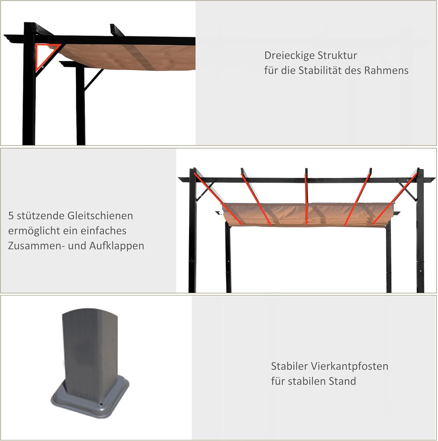 Outsunny Pergola Pavillon mit einstellbarem Stoffdach 3 x 4 m Terrassen-Vordach Aluminium Sonnenschutz Überdachung Terrasse Garten Grau+Braun — Ansicht 5