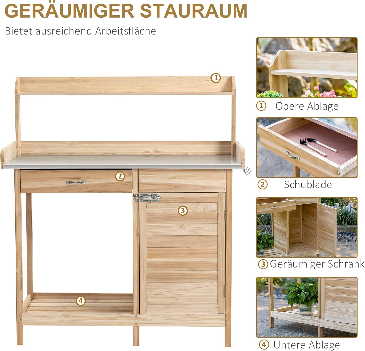Outsunny Pflanztisch mit verzinkter Arbeitsplatte Gärtnertisch mit Schublade Schrank Garten Arbeitstisch Massivholz Natur 112 x 48 x 125 cm — Ansicht 4