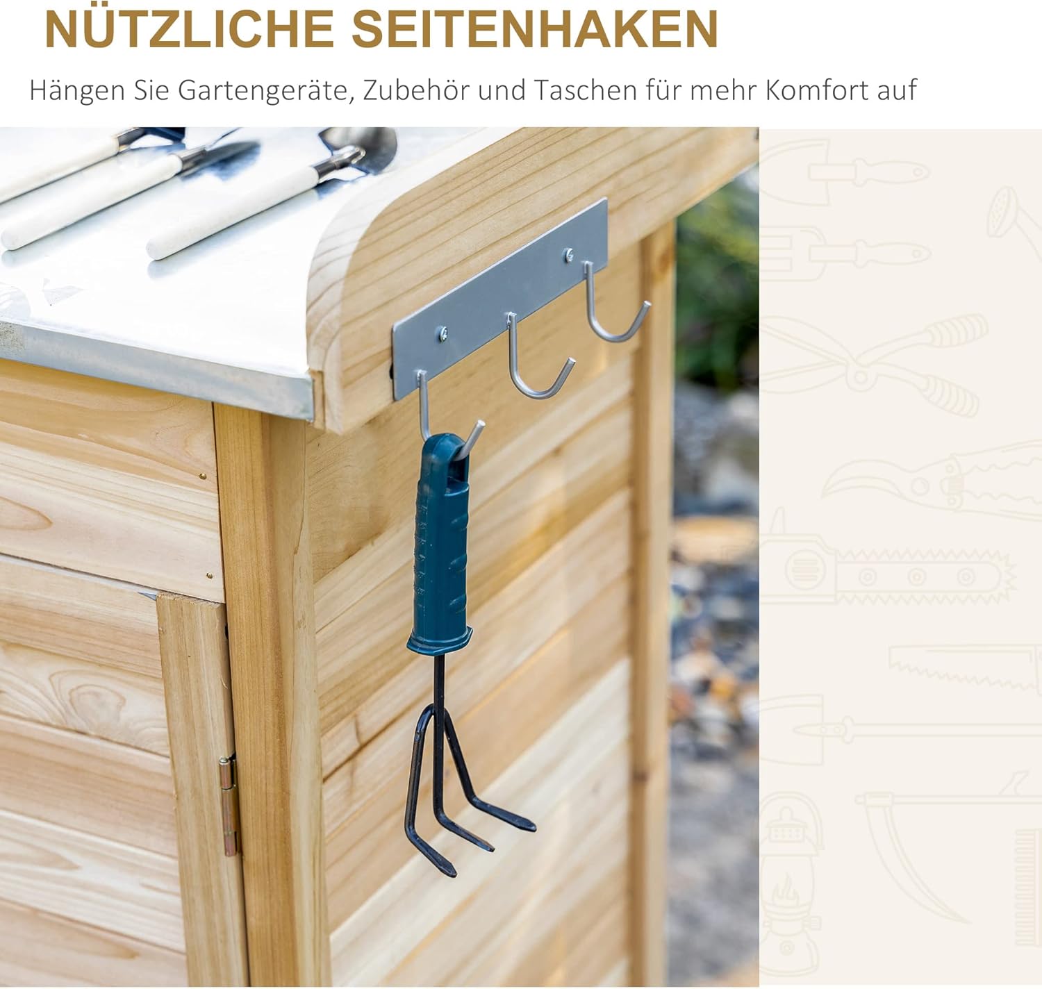 Outsunny Pflanztisch mit verzinkter Arbeitsplatte Gärtnertisch mit Schublade Schrank Garten Arbeitstisch Massivholz Natur 112 x 48 x 125 cm — Ansicht 5