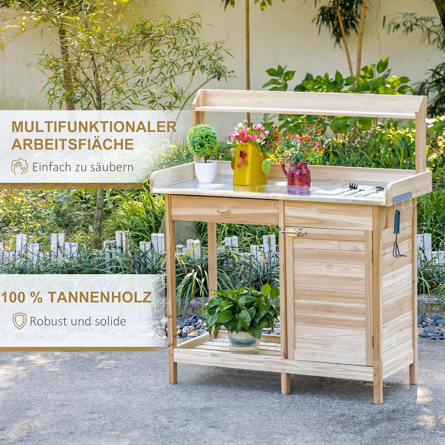Outsunny Pflanztisch mit verzinkter Arbeitsplatte Gärtnertisch mit Schublade Schrank Garten Arbeitstisch Massivholz Natur 112 x 48 x 125 cm — Ansicht 6
