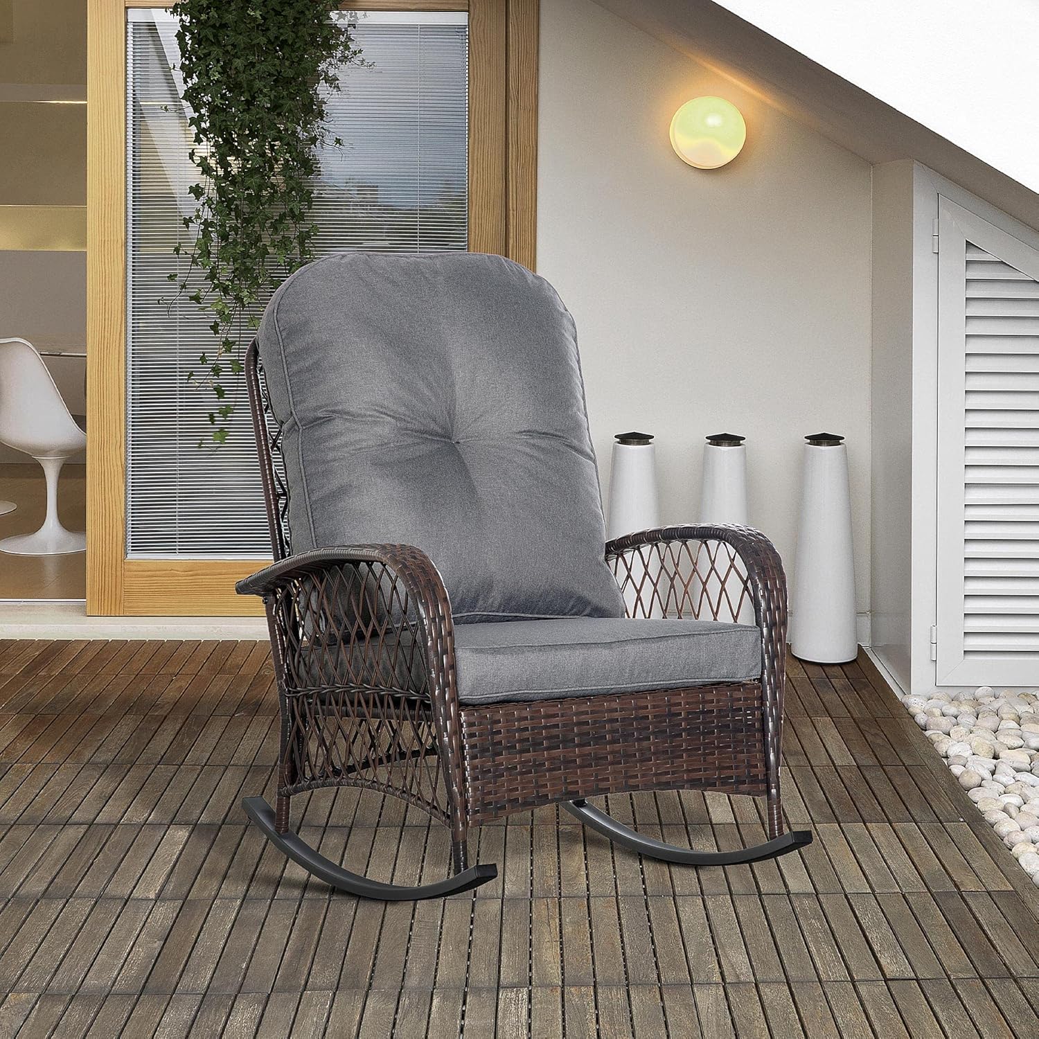 Outsunny Poly Rattan Schaukelstuhl Schaukelsessel Gartenstuhl mit Kissen Loungemöbel Gartenmöbel Terrassenmöbel Braun 75 x 98 x 91 cm — Ansicht 2