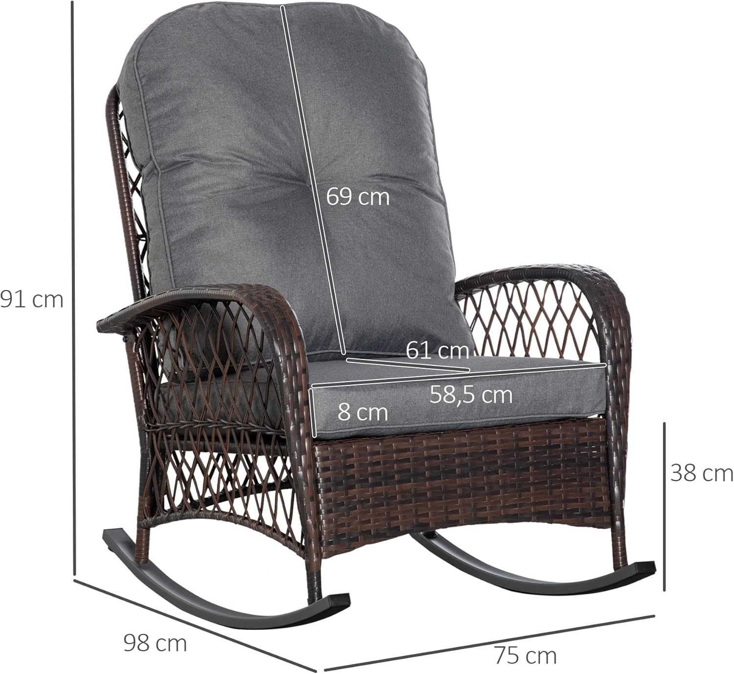 Outsunny Poly Rattan Schaukelstuhl Schaukelsessel Gartenstuhl mit Kissen Loungemöbel Gartenmöbel Terrassenmöbel Braun 75 x 98 x 91 cm — Ansicht 3