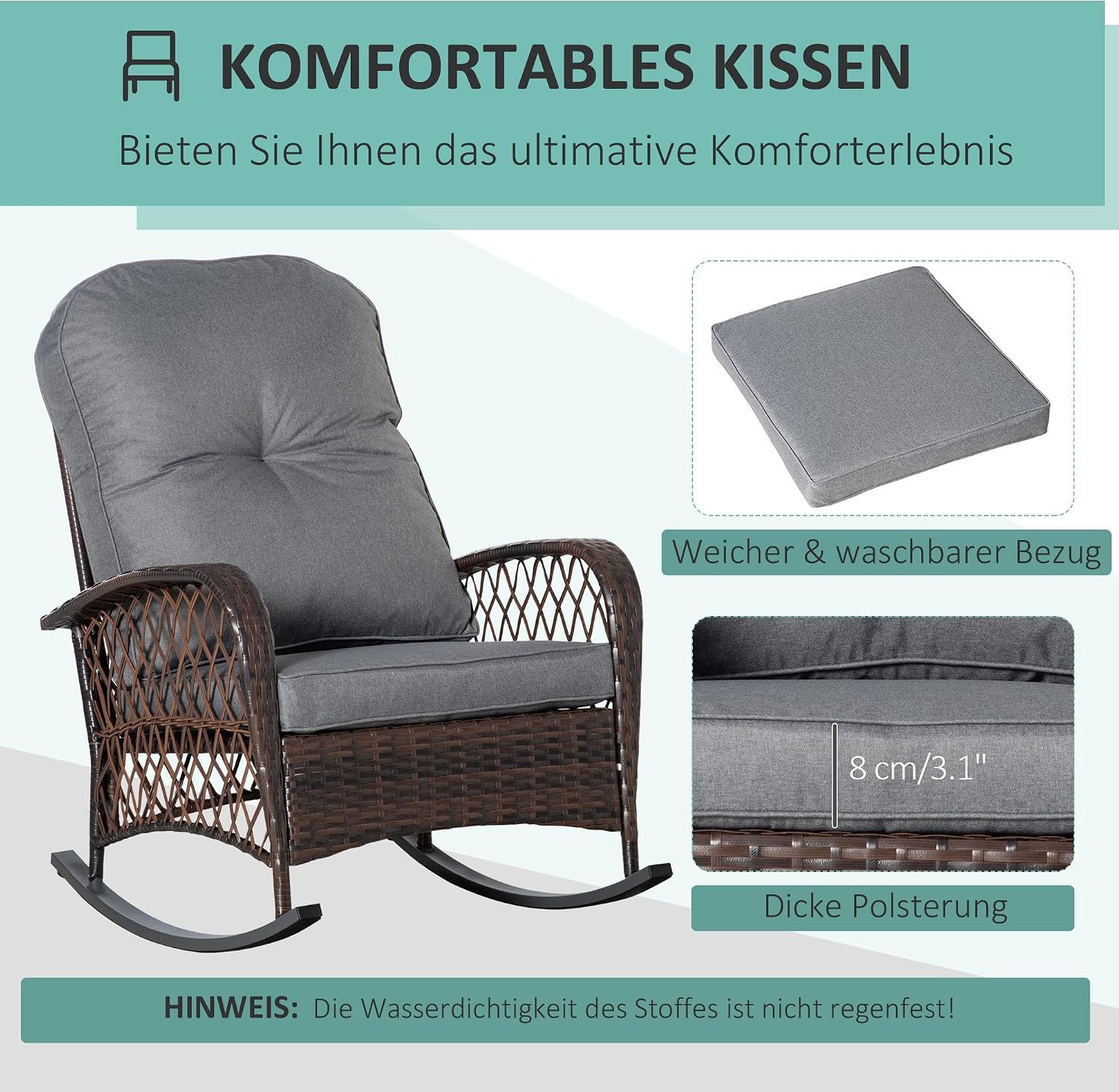 Outsunny Poly Rattan Schaukelstuhl Schaukelsessel Gartenstuhl mit Kissen Loungemöbel Gartenmöbel Terrassenmöbel Braun 75 x 98 x 91 cm — Ansicht 5