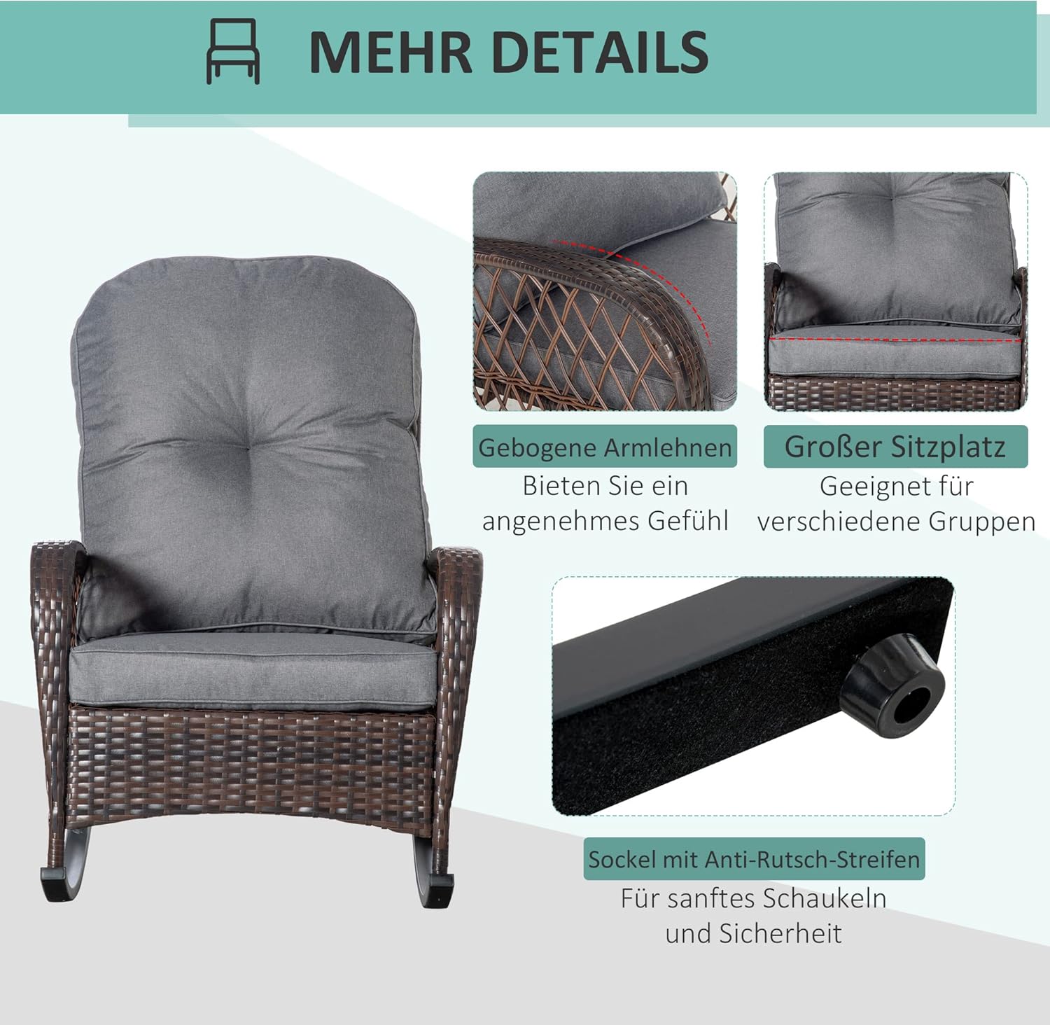 Outsunny Poly Rattan Schaukelstuhl Schaukelsessel Gartenstuhl mit Kissen Loungemöbel Gartenmöbel Terrassenmöbel Braun 75 x 98 x 91 cm — Ansicht 6