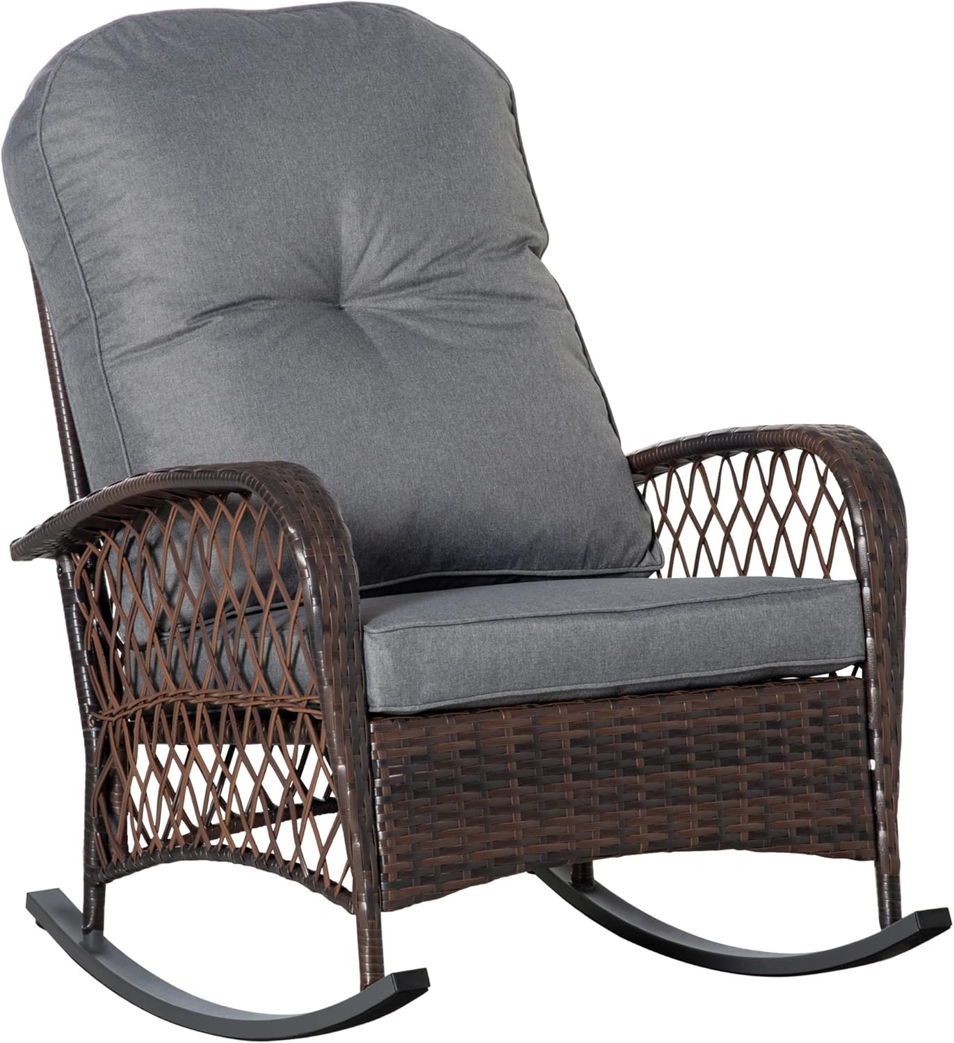 Outsunny Poly Rattan Schaukelstuhl Schaukelsessel Gartenstuhl mit Kissen Loungemöbel Gartenmöbel Terrassenmöbel Braun 75 x 98 x 91 cm