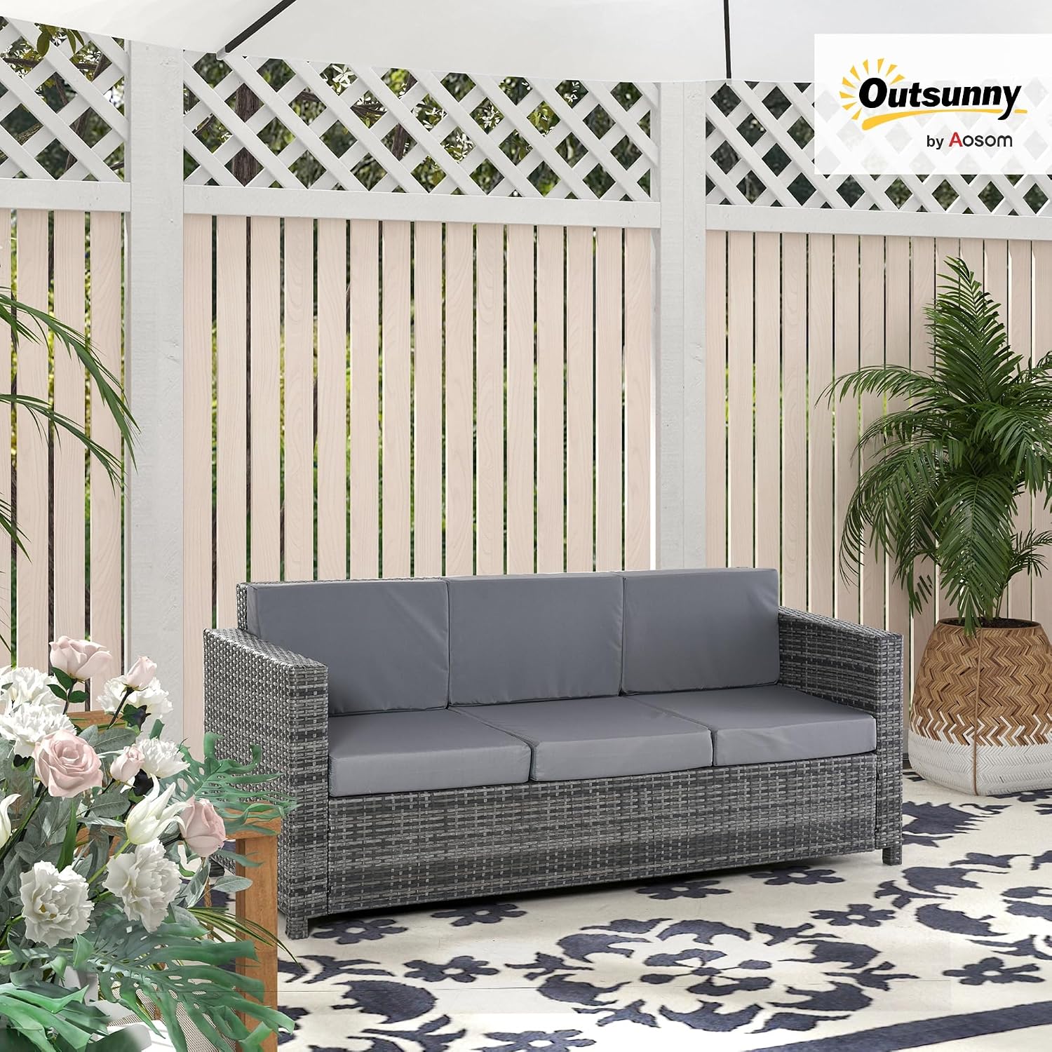 Outsunny Poly-Rattan Sofa mit Kissen 3-Sitzer Garten Loungesofa Metall Polyester Grau 185 x 70 x 80 cm — Ansicht 2
