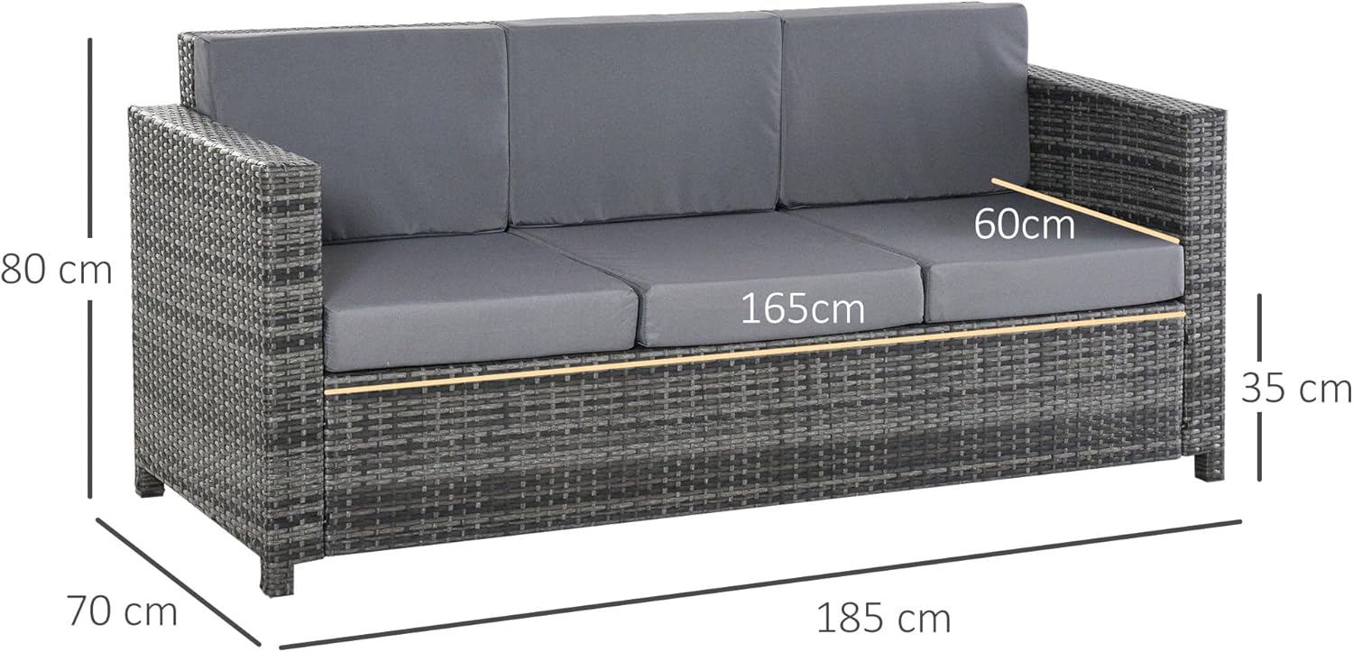 Outsunny Poly-Rattan Sofa mit Kissen 3-Sitzer Garten Loungesofa Metall Polyester Grau 185 x 70 x 80 cm — Ansicht 3