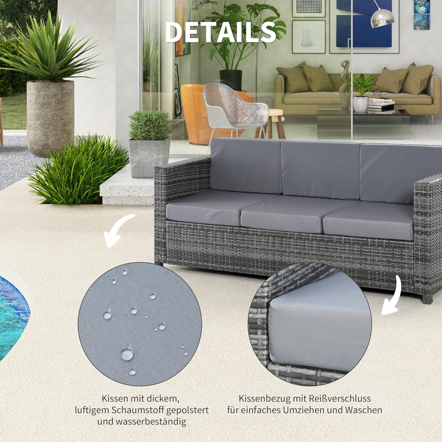 Outsunny Poly-Rattan Sofa mit Kissen 3-Sitzer Garten Loungesofa Metall Polyester Grau 185 x 70 x 80 cm — Ansicht 5