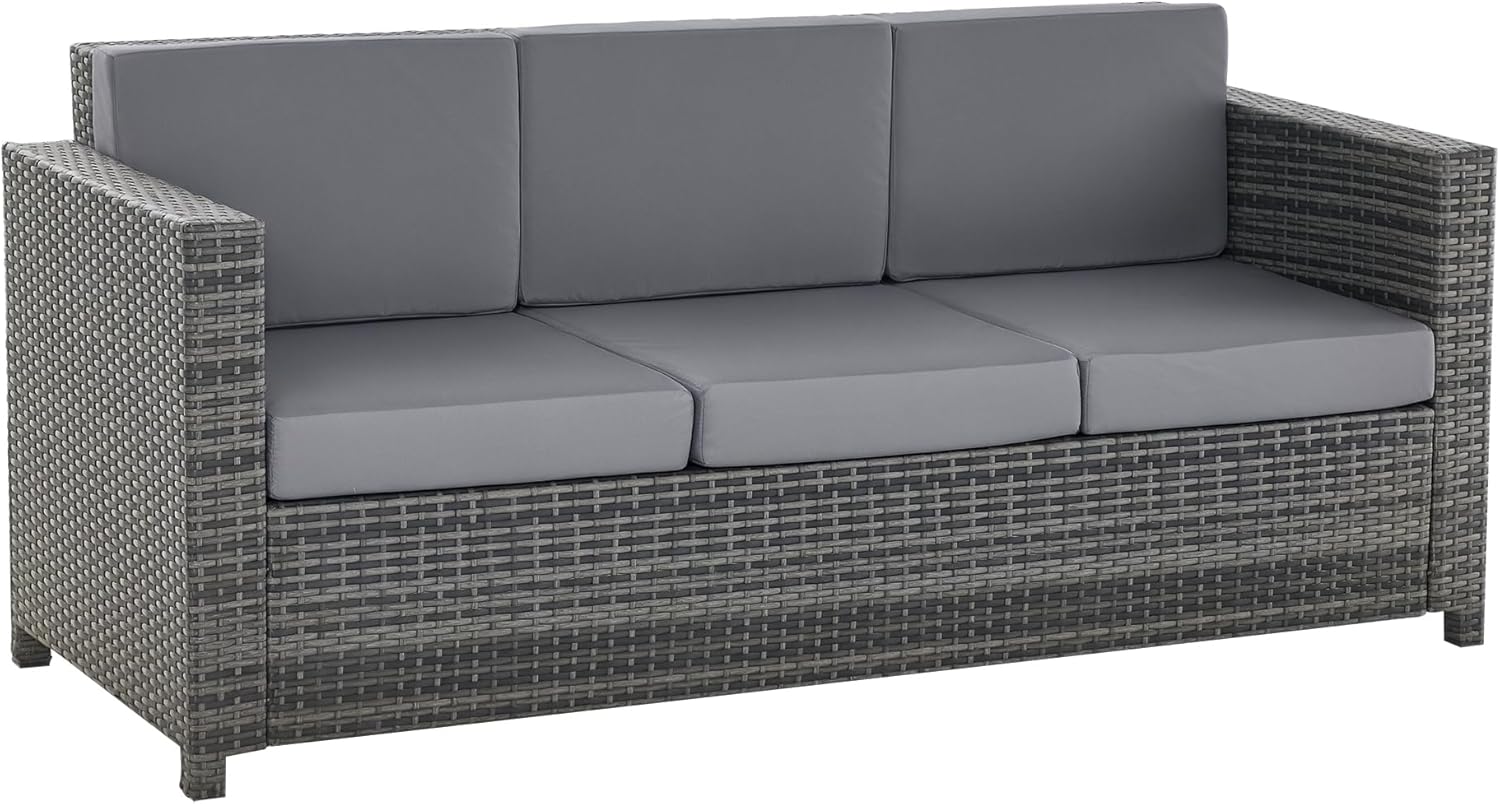 Outsunny Poly-Rattan Sofa mit Kissen 3-Sitzer Garten Loungesofa Metall Polyester Grau 185 x 70 x 80 cm