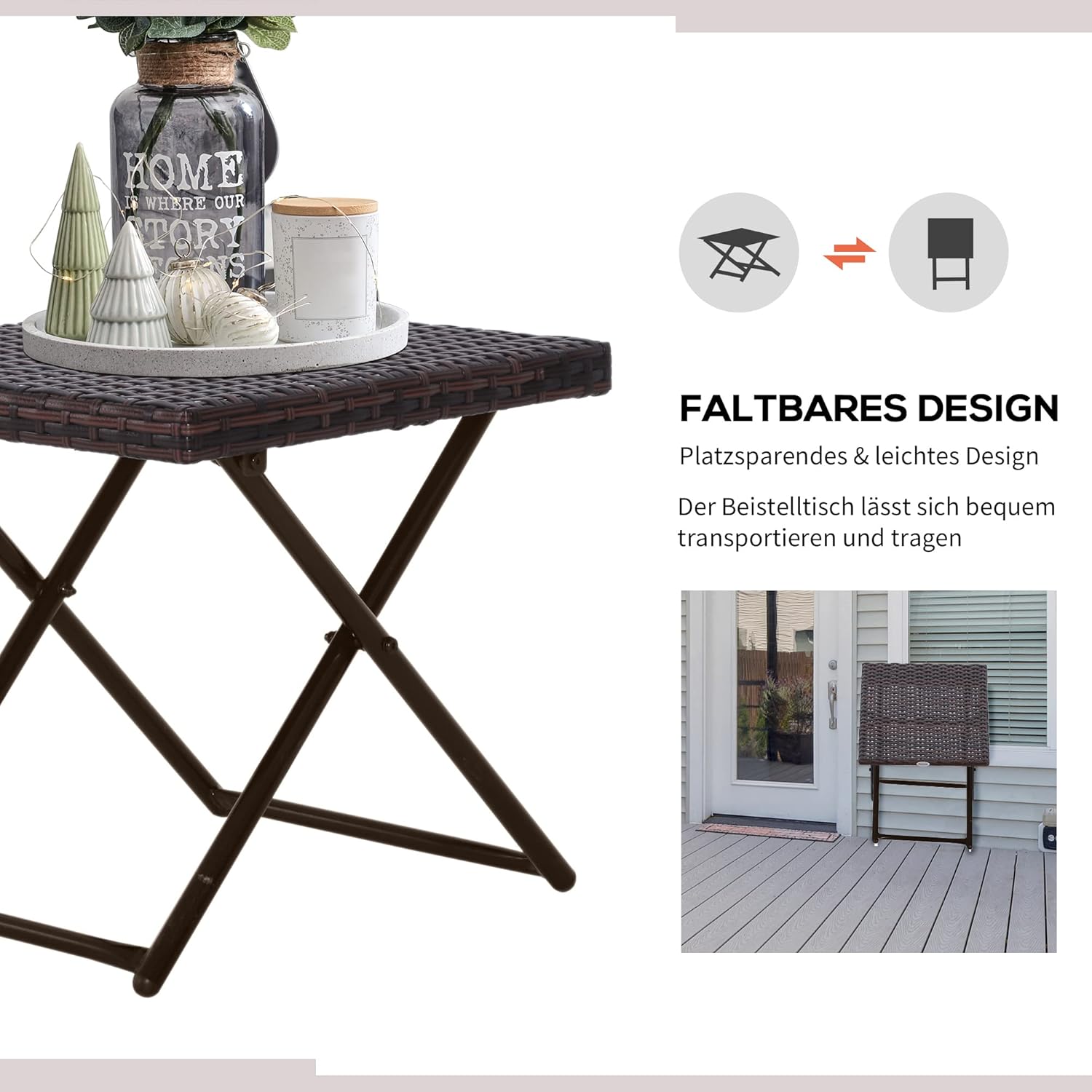 Outsunny Polyrattan Beistelltisch Gartentisch klappbar Couchtisch Gartenmöbel Falttisch Metall Braun 40 x 40 x 40 cm — Ansicht 4