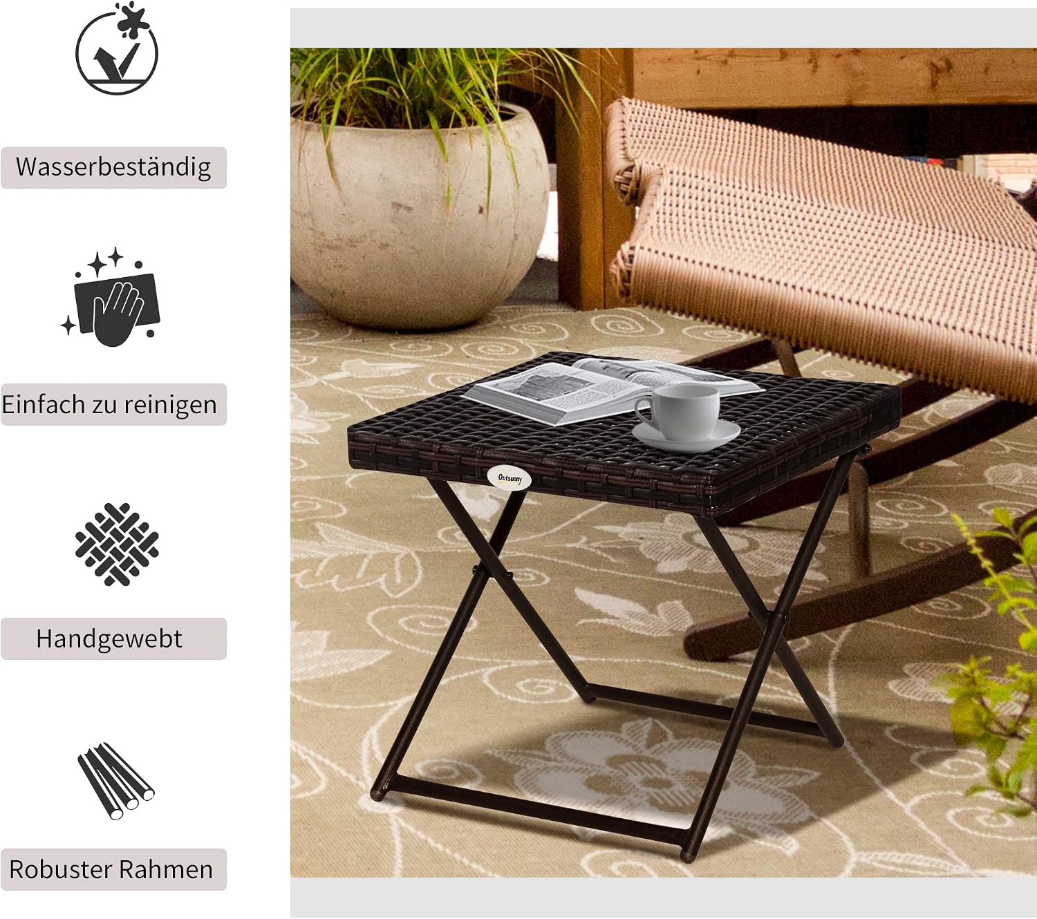 Outsunny Polyrattan Beistelltisch Gartentisch klappbar Couchtisch Gartenmöbel Falttisch Metall Braun 40 x 40 x 40 cm — Ansicht 6