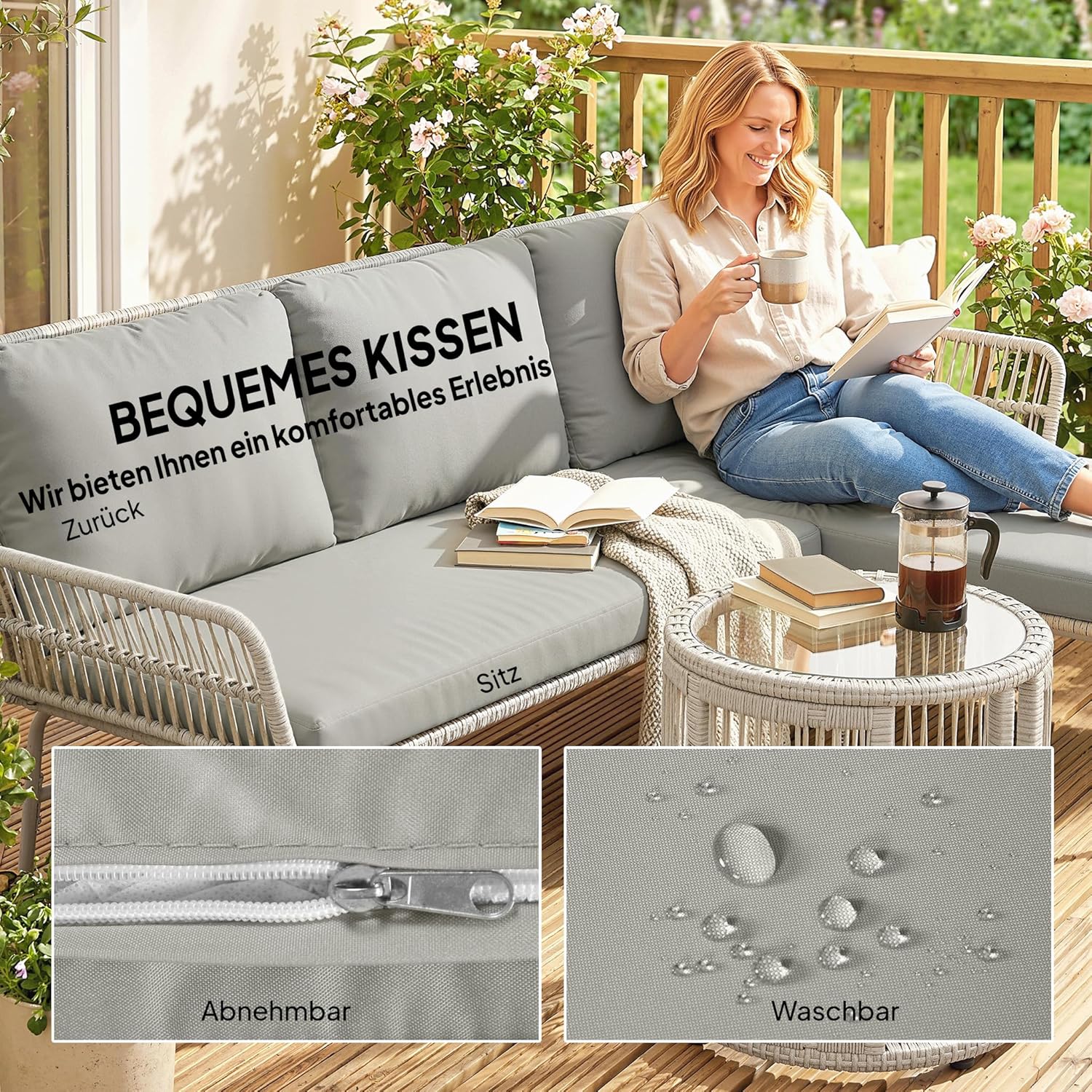 Outsunny Polyrattan Gartenmöbel Set 3-teilig, Lounge Set mit Chaiselongue Zweisitzersofa Glastisch abnehmbar Kissen, Rattan Sitzgruppe bis 3 Personen, Lounge Möbel für Garten Terrasse Balkon Hellgrau — Ansicht 4