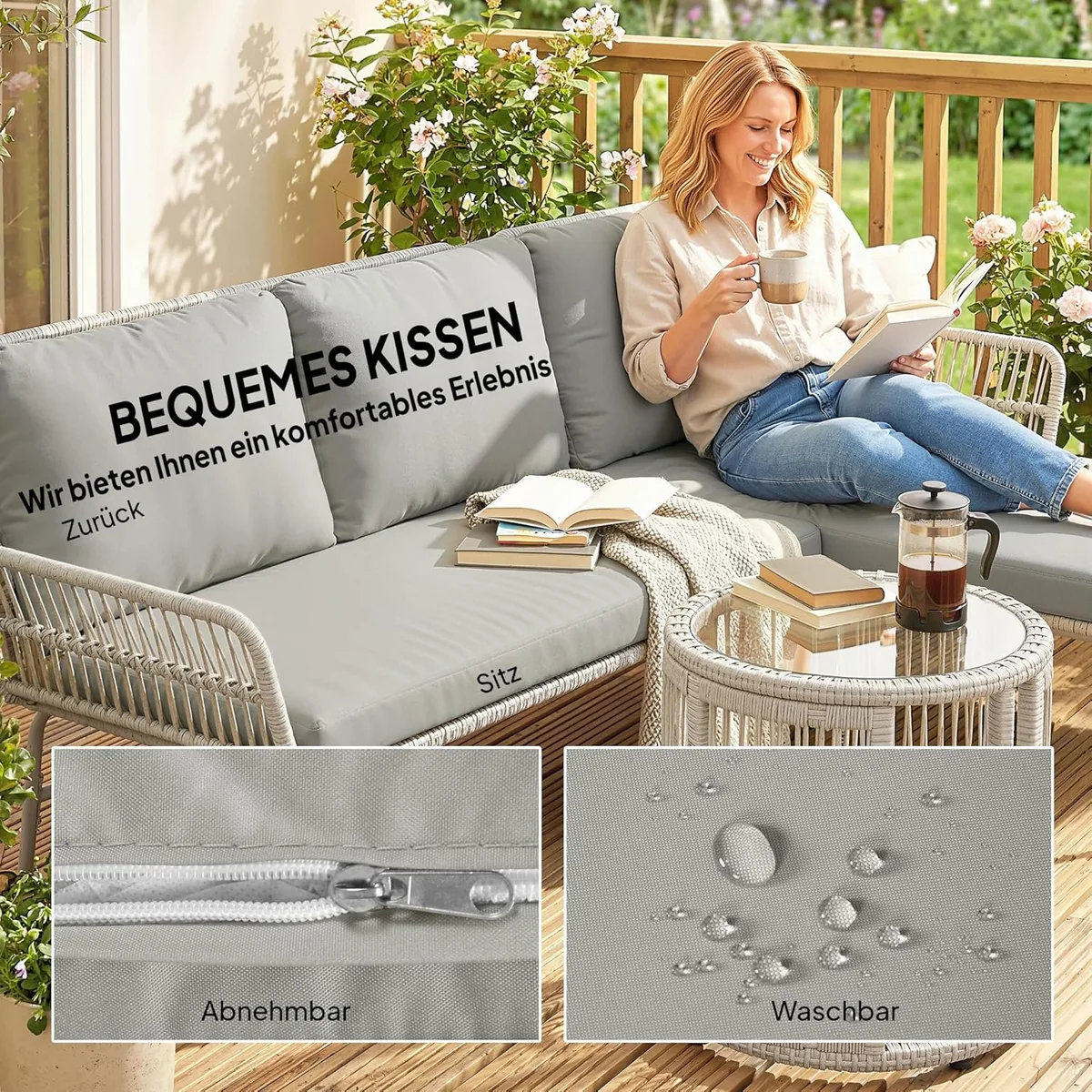 Polyrattan Gartenmöbel Set 3-teilig, Lounge Set mit… — Ansicht 4