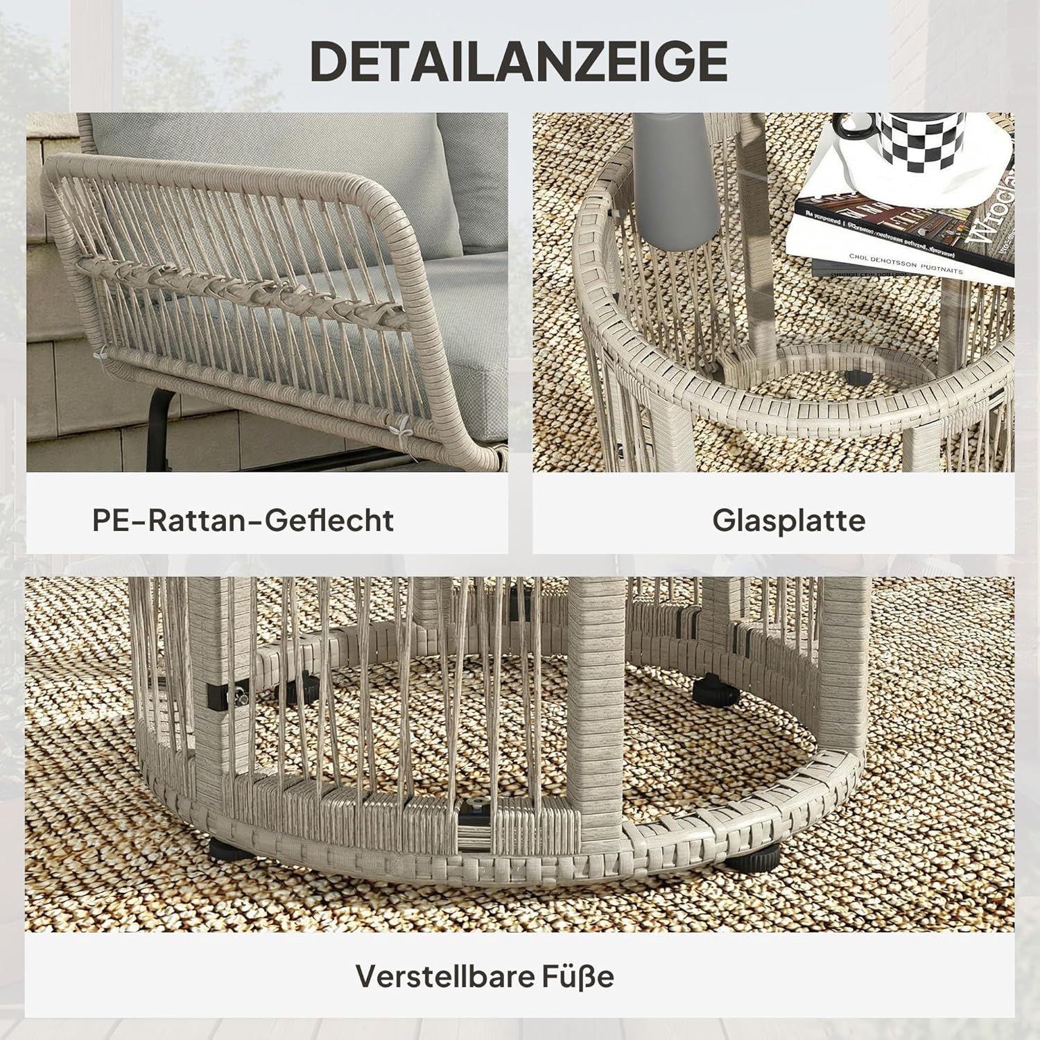 Outsunny Polyrattan Gartenmöbel Set 3-teilig, Lounge Set mit Chaiselongue Zweisitzersofa Glastisch abnehmbar Kissen, Rattan Sitzgruppe bis 3 Personen, Lounge Möbel für Garten Terrasse Balkon Hellgrau — Ansicht 5