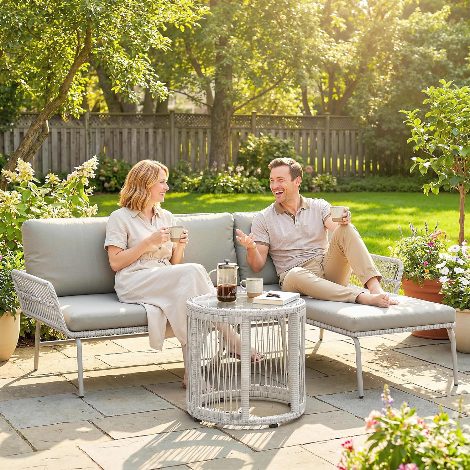 Outsunny Polyrattan Gartenmöbel Set 3-teilig, Lounge Set mit Chaiselongue Zweisitzersofa Glastisch abnehmbar Kissen, Rattan Sitzgruppe bis 3 Personen, Lounge Möbel für Garten Terrasse Balkon Hellgrau — Ansicht 6