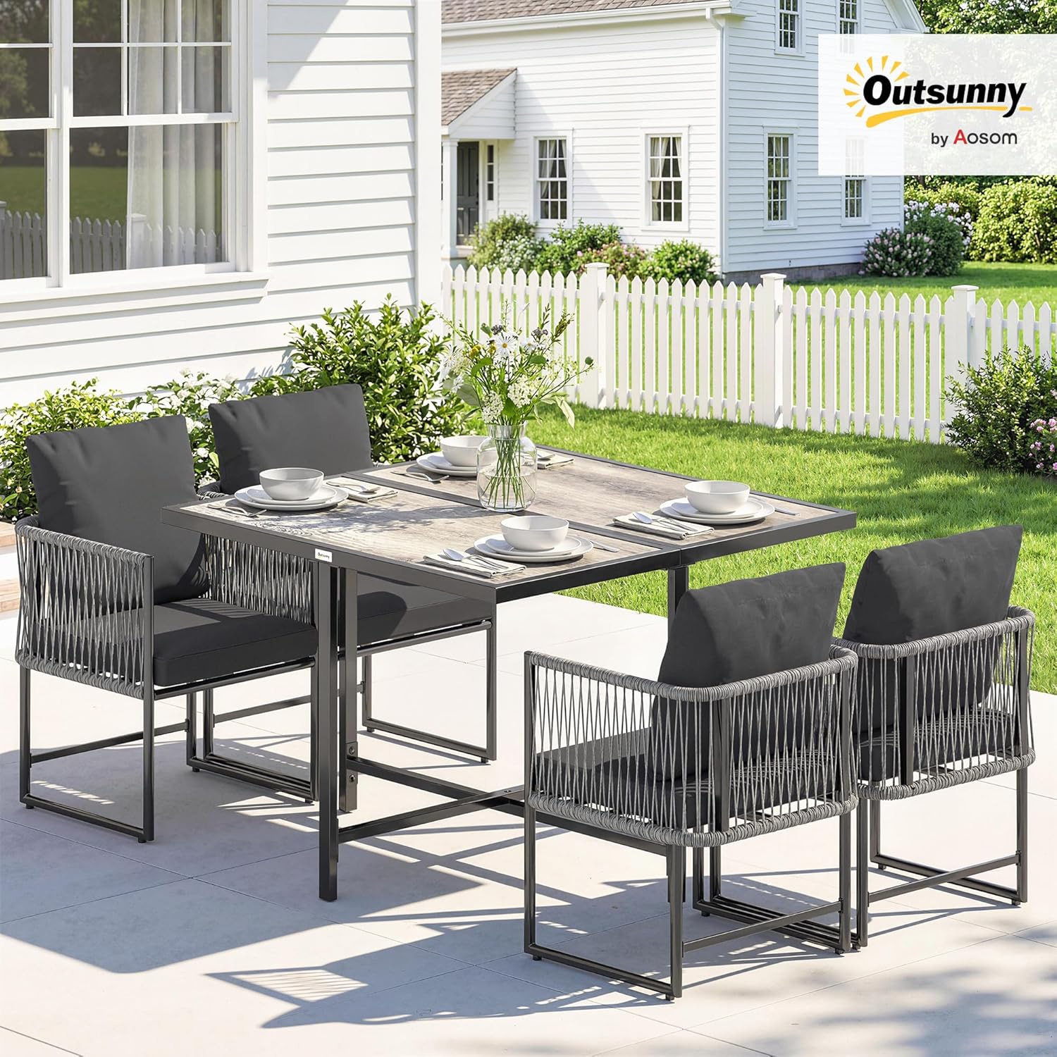 Outsunny Polyrattan Gartenmöbel Set 5-teilig Platzsparend Sitzgruppe Tisch mit 4 Stühlen DPC-Tischplatte abnehmbar Kissen, Essgruppe 4 Personen Gartenset Gartengarnitur für Garten Balkon Terrasse — Ansicht 2