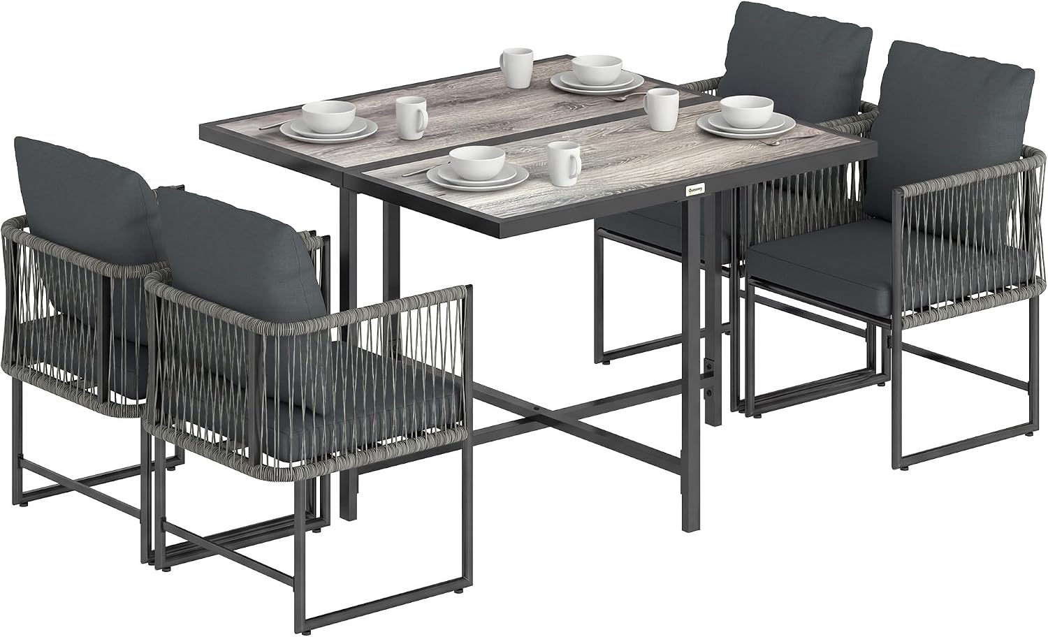 Outsunny Polyrattan Gartenmöbel Set 5-teilig Platzsparend Sitzgruppe Tisch mit 4 Stühlen DPC-Tischplatte abnehmbar Kissen, Essgruppe 4 Personen Gartenset Gartengarnitur für Garten Balkon Terrasse