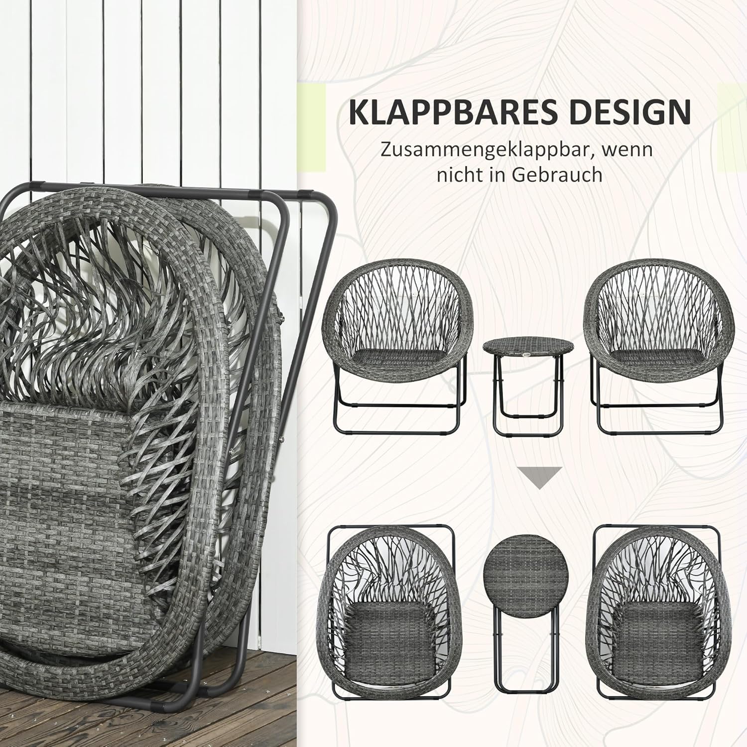 Outsunny Polyrattan Gartenmöbel Set, klappbar Outdoor Sitzgruppe für 2 Personen, 3-teilig Balkonmöbel mit 2 Stühle, Tisch, wetterfest Balkonmöbel für Garten, Balkon, Grau — Ansicht 5