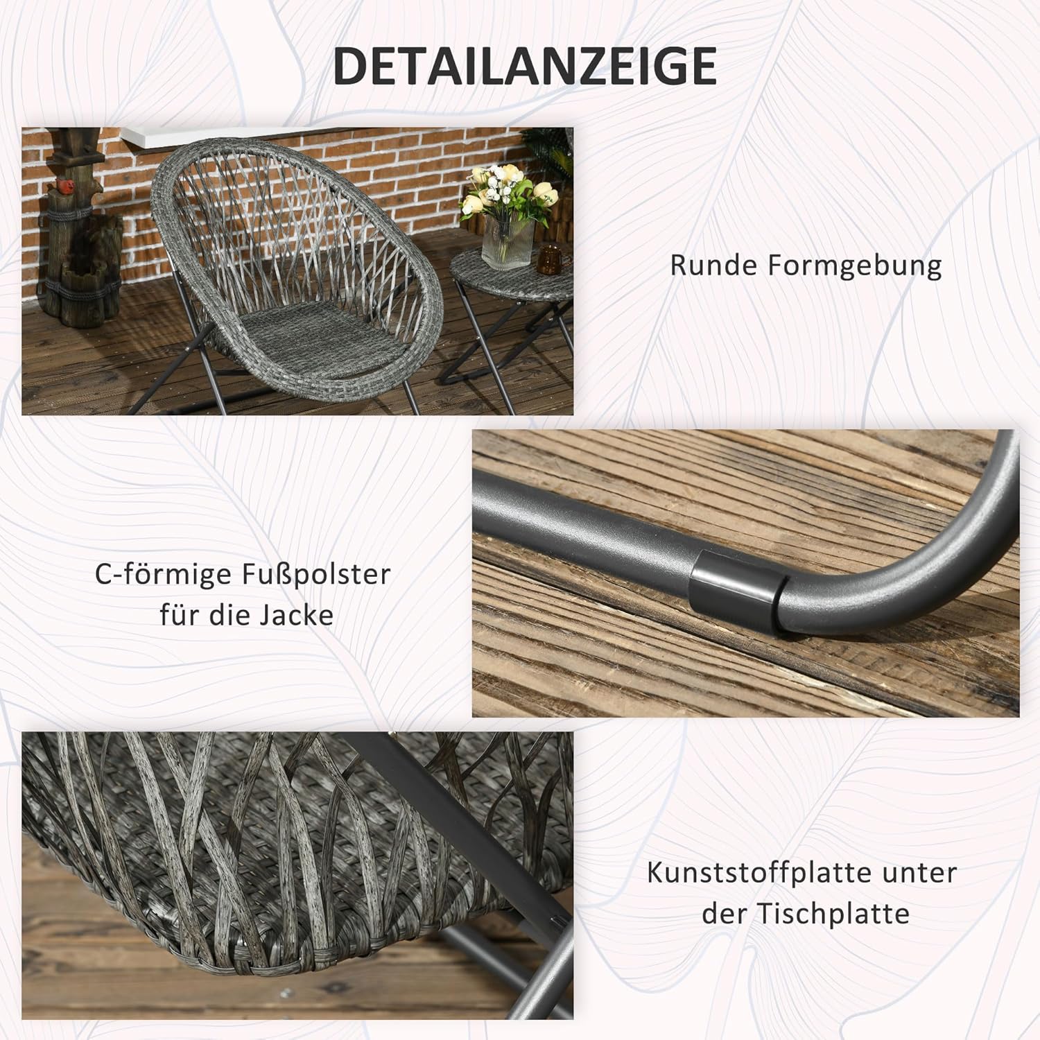 Outsunny Polyrattan Gartenmöbel Set, klappbar Outdoor Sitzgruppe für 2 Personen, 3-teilig Balkonmöbel mit 2 Stühle, Tisch, wetterfest Balkonmöbel für Garten, Balkon, Grau — Ansicht 6