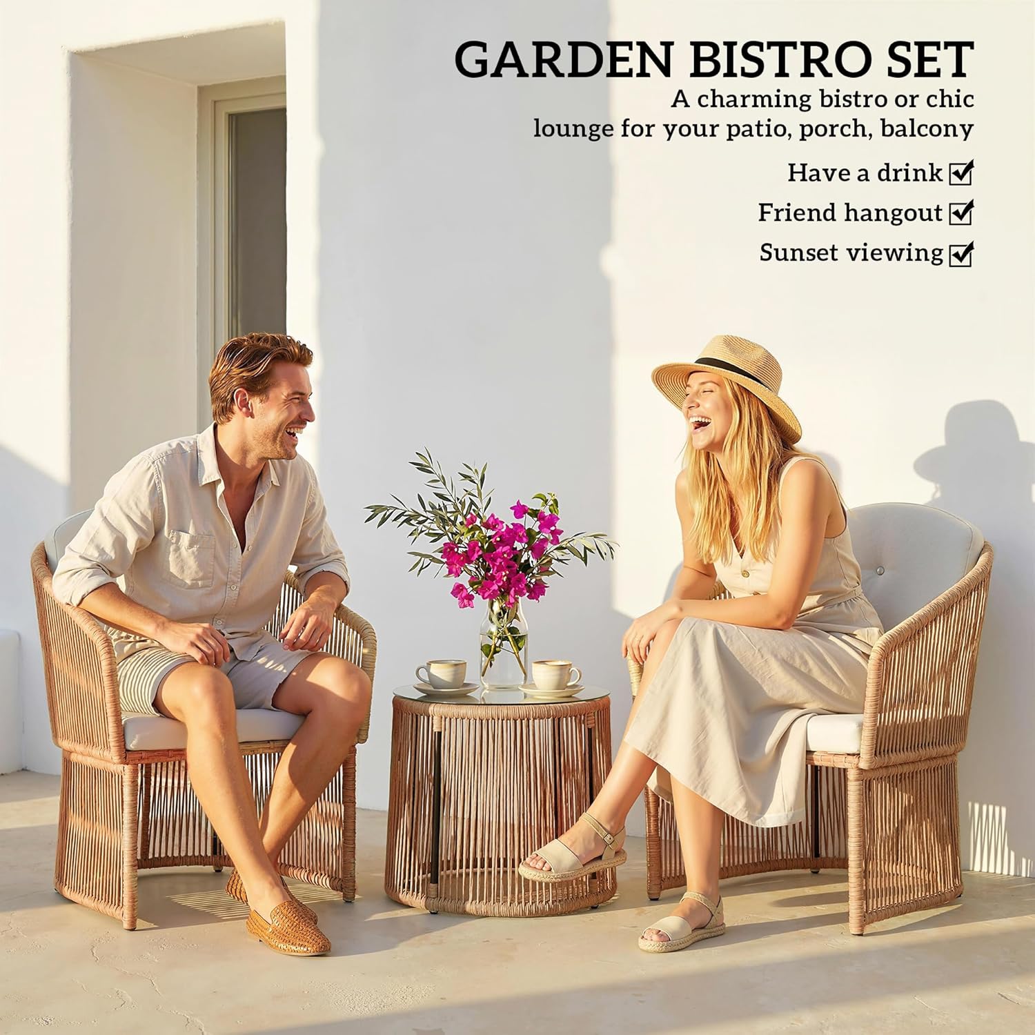 Outsunny Polyrattan Gartenmöbel Set, Outdoor Lounge Balkonmöbel mit Kissen für 2 Personen, 3-teilig wetterfest Sitzgruppe mit 2 Stühle, rundem Glastisch für Garten, Terrasse Balkon, Cremeweiß — Ansicht 5