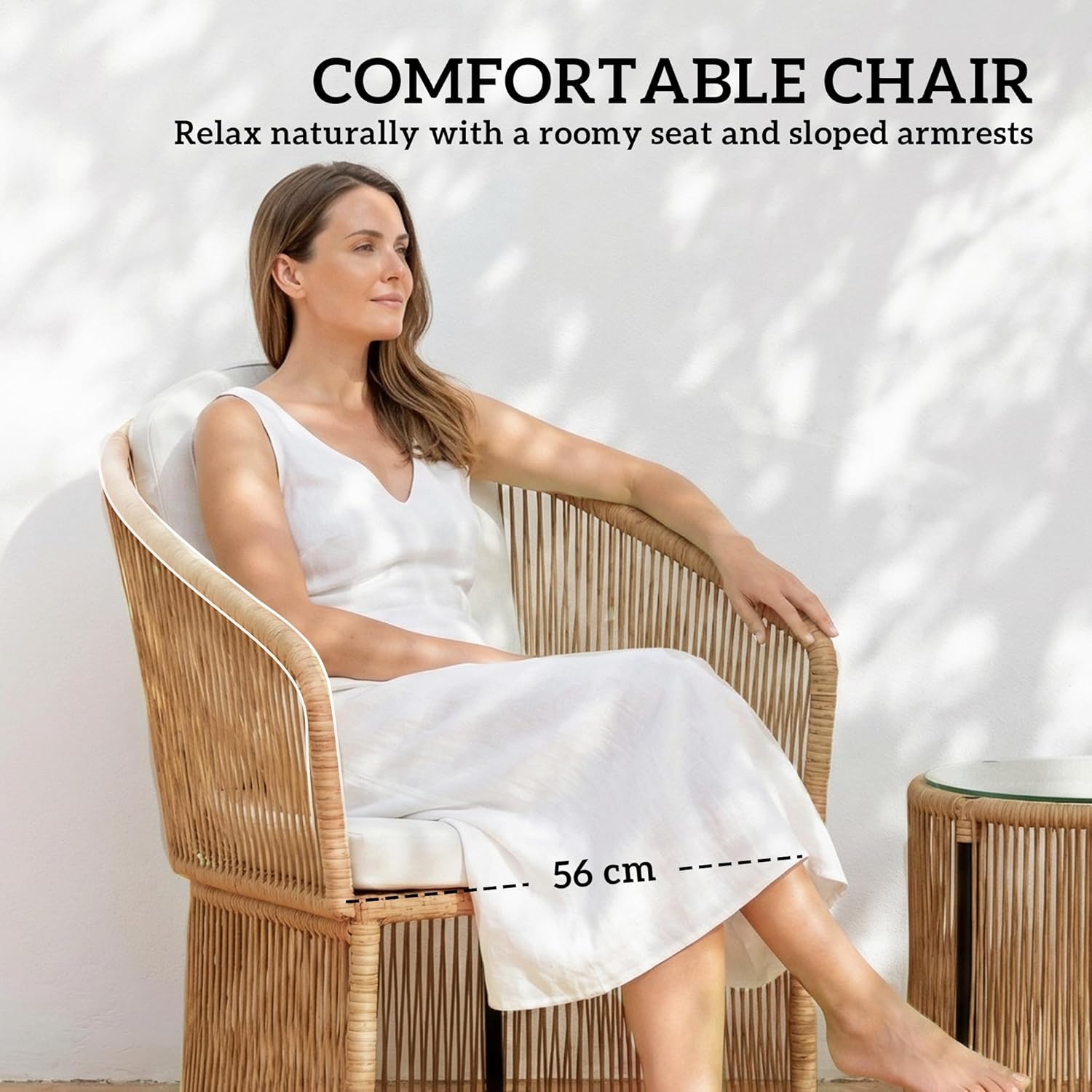 Outsunny Polyrattan Gartenmöbel Set, Outdoor Lounge Balkonmöbel mit Kissen für 2 Personen, 3-teilig wetterfest Sitzgruppe mit 2 Stühle, rundem Glastisch für Garten, Terrasse Balkon, Cremeweiß — Ansicht 6