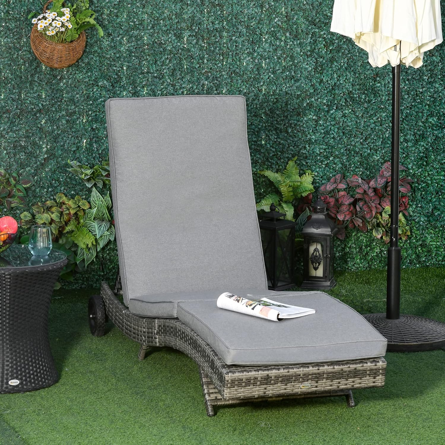 Outsunny Polyrattan Sonnenliege Gartenliege mit Kissen 5-stufig verstellbar Rattanliege Gartenmöbel Liege S-Form Metall Grau 207 x 70 x 70 cm — Ansicht 2