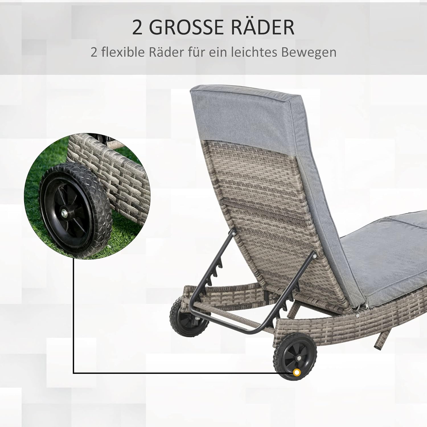 Outsunny Polyrattan Sonnenliege Gartenliege mit Kissen 5-stufig verstellbar Rattanliege Gartenmöbel Liege S-Form Metall Grau 207 x 70 x 70 cm — Ansicht 4