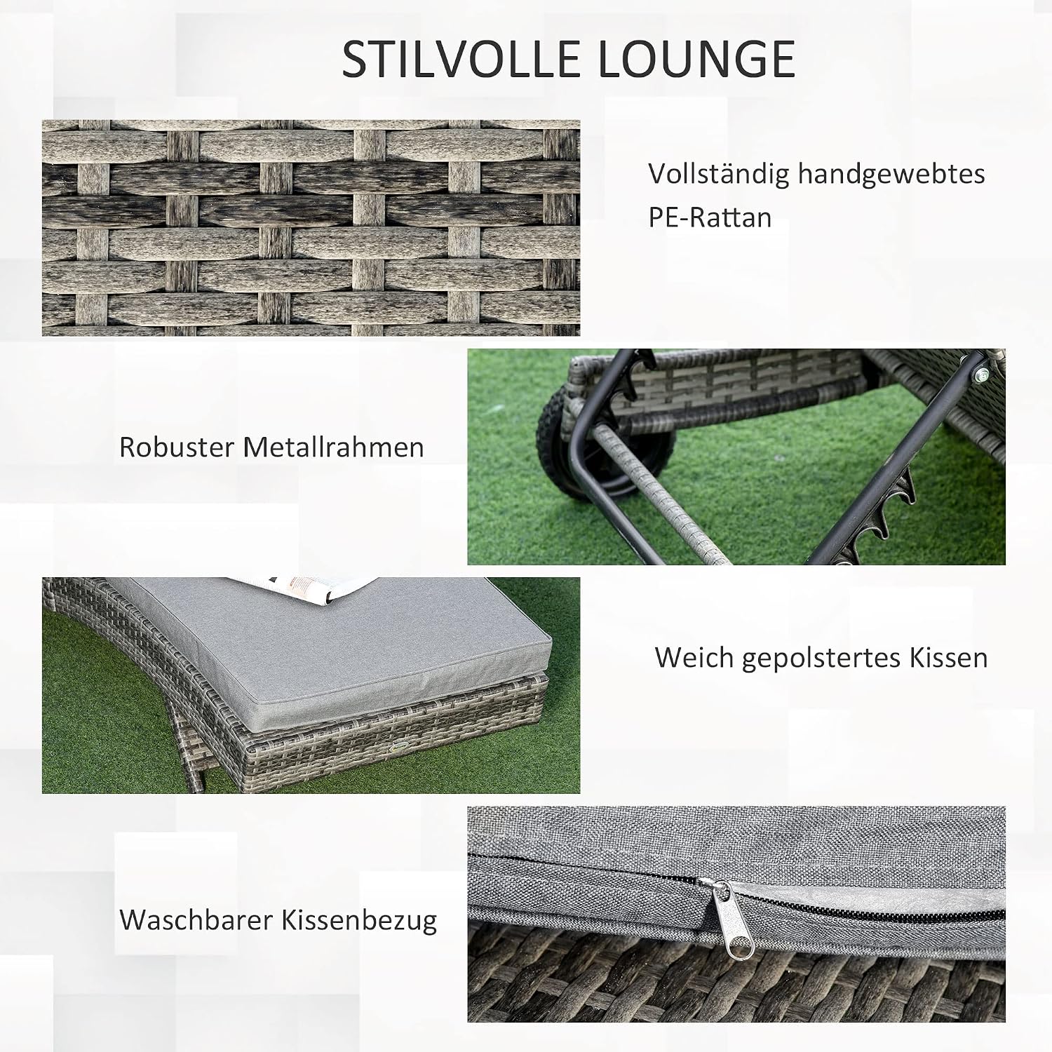 Outsunny Polyrattan Sonnenliege Gartenliege mit Kissen 5-stufig verstellbar Rattanliege Gartenmöbel Liege S-Form Metall Grau 207 x 70 x 70 cm — Ansicht 6