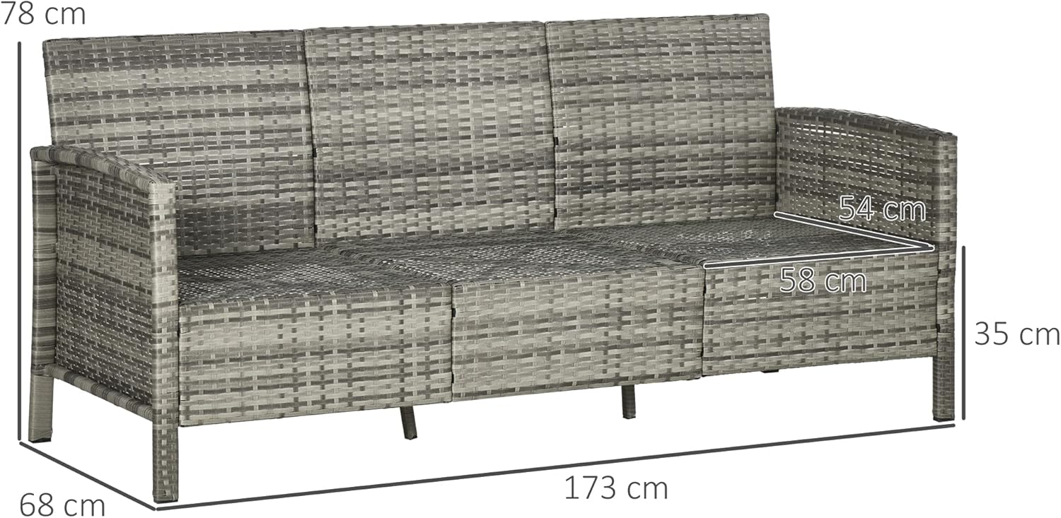 Outsunny Rattan Sofa mit Kissen, Dreisitzer, Garten Loungesofa, Stahl, Grau, 173 x 68 x 78 cm — Ansicht 3