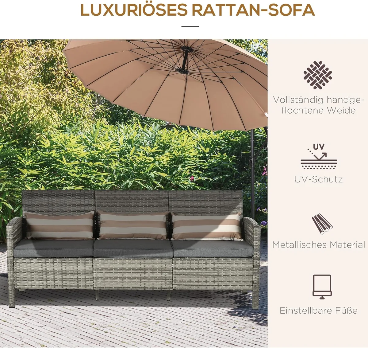 Rattan Sofa mit Kissen, Dreisitzer, Garten Loungesofa… — Ansicht 4