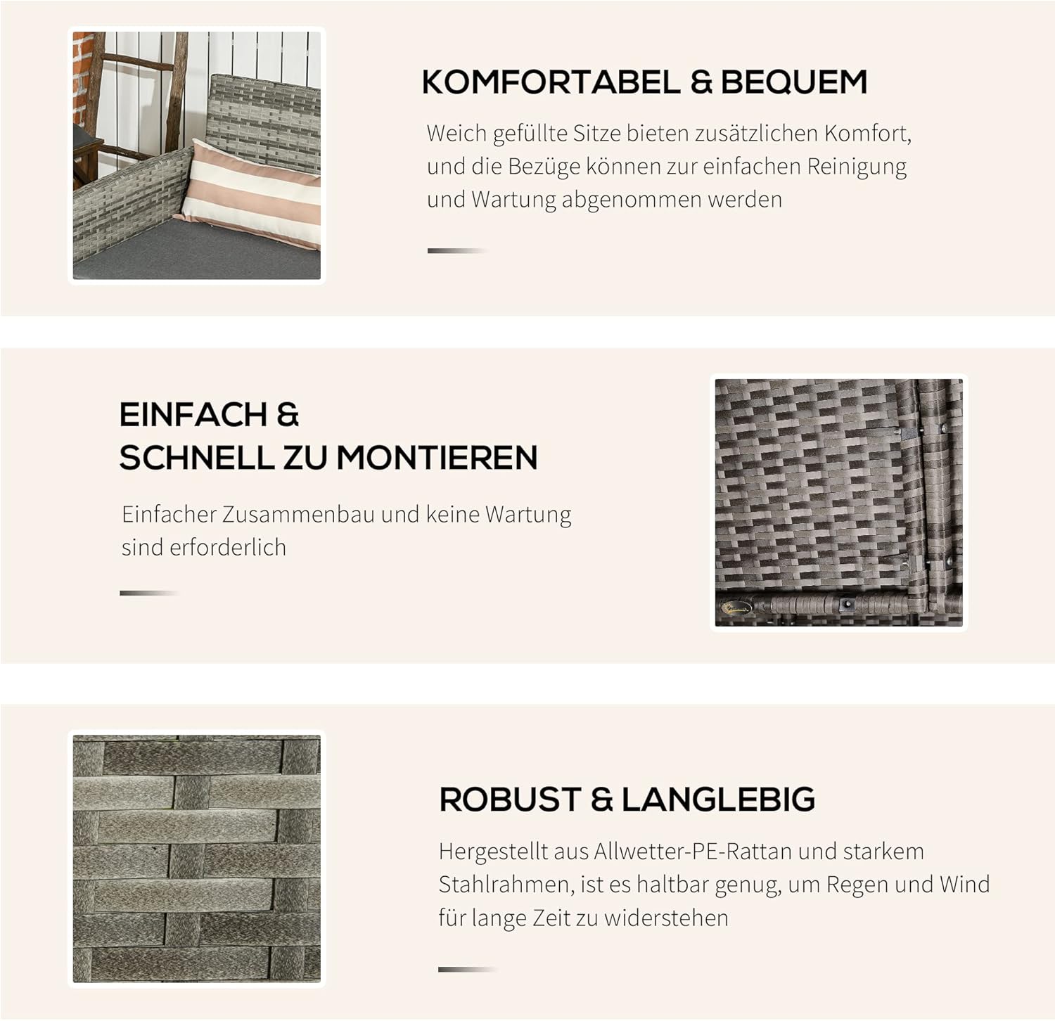 Outsunny Rattan Sofa mit Kissen, Dreisitzer, Garten Loungesofa, Stahl, Grau, 173 x 68 x 78 cm — Ansicht 5
