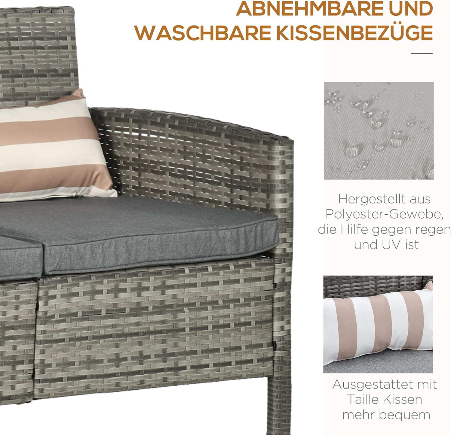 Outsunny Rattan Sofa mit Kissen, Dreisitzer, Garten Loungesofa, Stahl, Grau, 173 x 68 x 78 cm — Ansicht 6