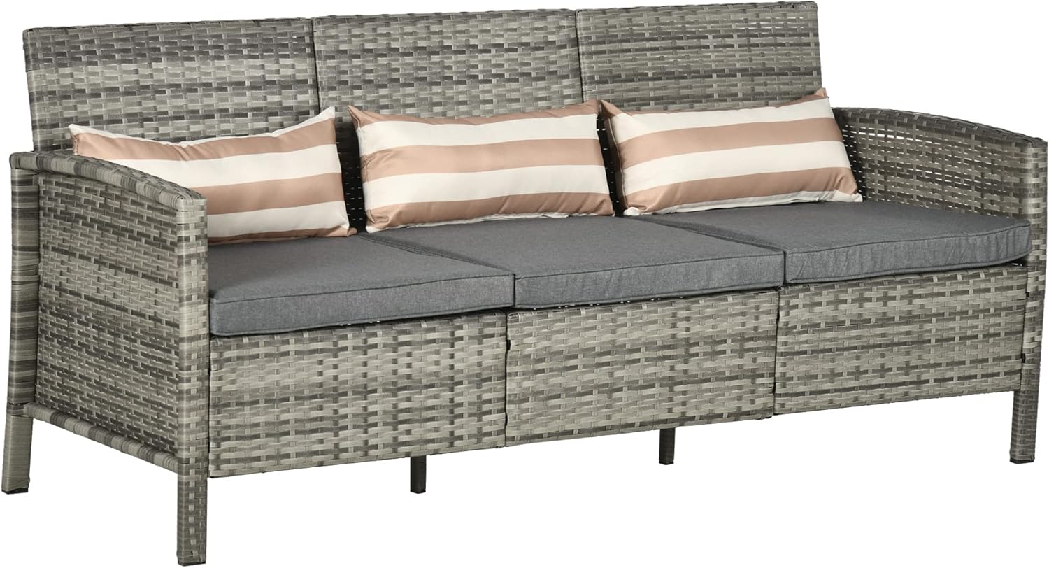 Outsunny Rattan Sofa mit Kissen, Dreisitzer, Garten Loungesofa, Stahl, Grau, 173 x 68 x 78 cm
