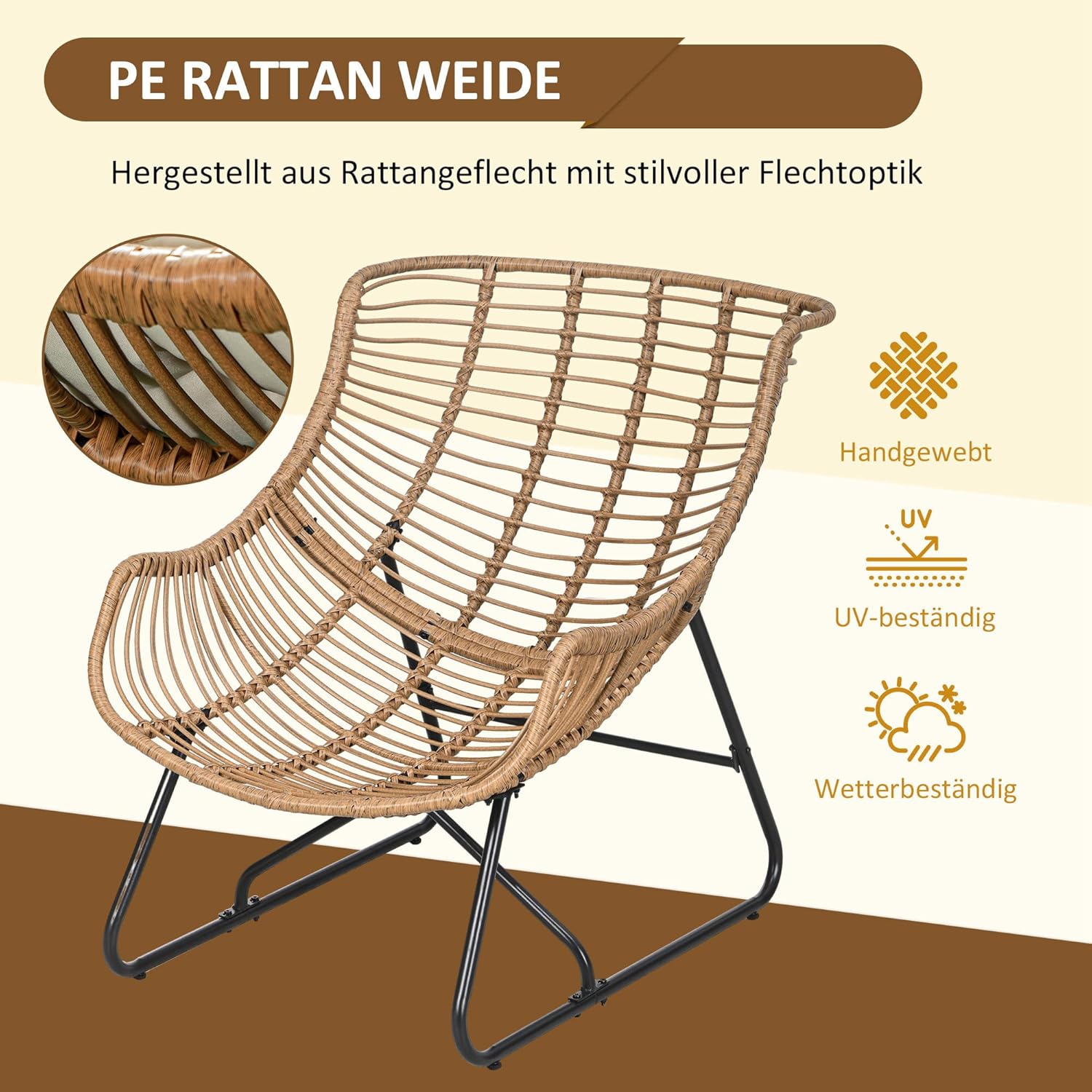Outsunny Rattansessel mit Dicke Kissen Bänder Stahlrahmen, gepolsterter Outdoor Sessel aus Polyrattan, Korbsessel bis 120kg, Gartensessel Gartenstühle für Garten Balkon Veranda Terrasse Khaki — Ansicht 5