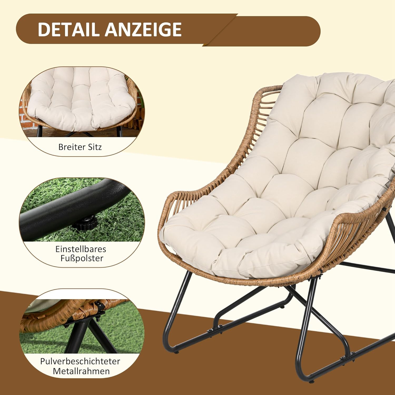 Outsunny Rattansessel mit Dicke Kissen Bänder Stahlrahmen, gepolsterter Outdoor Sessel aus Polyrattan, Korbsessel bis 120kg, Gartensessel Gartenstühle für Garten Balkon Veranda Terrasse Khaki — Ansicht 6