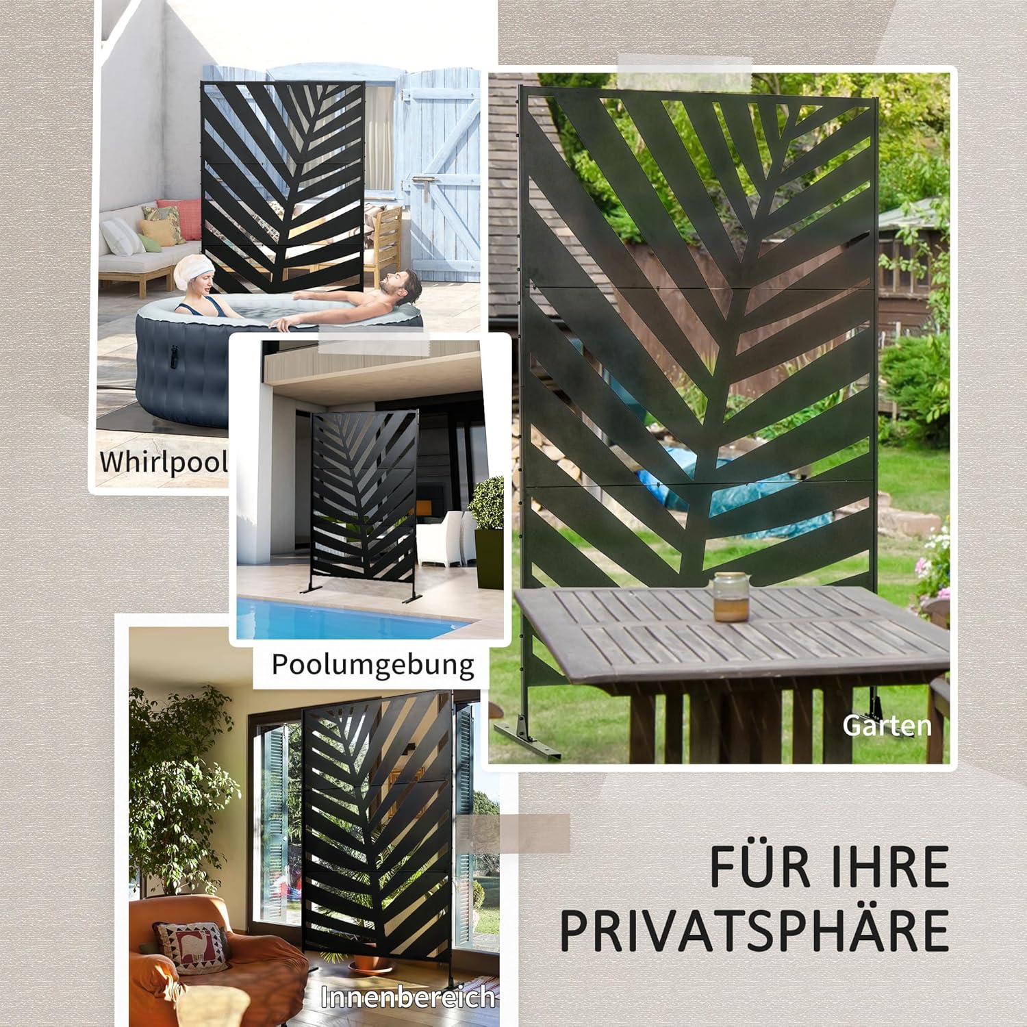 Outsunny Raumteiler 3-teilig 122 x 198 cm Balkon Sichtschutz Raumtrenner mit Bananenblattmuster Freistehend Paravent mit Ständer Trennwand 3-TLG Sichtschutz Stahl Raumteiler für Garten, Schwarz — Ansicht 5